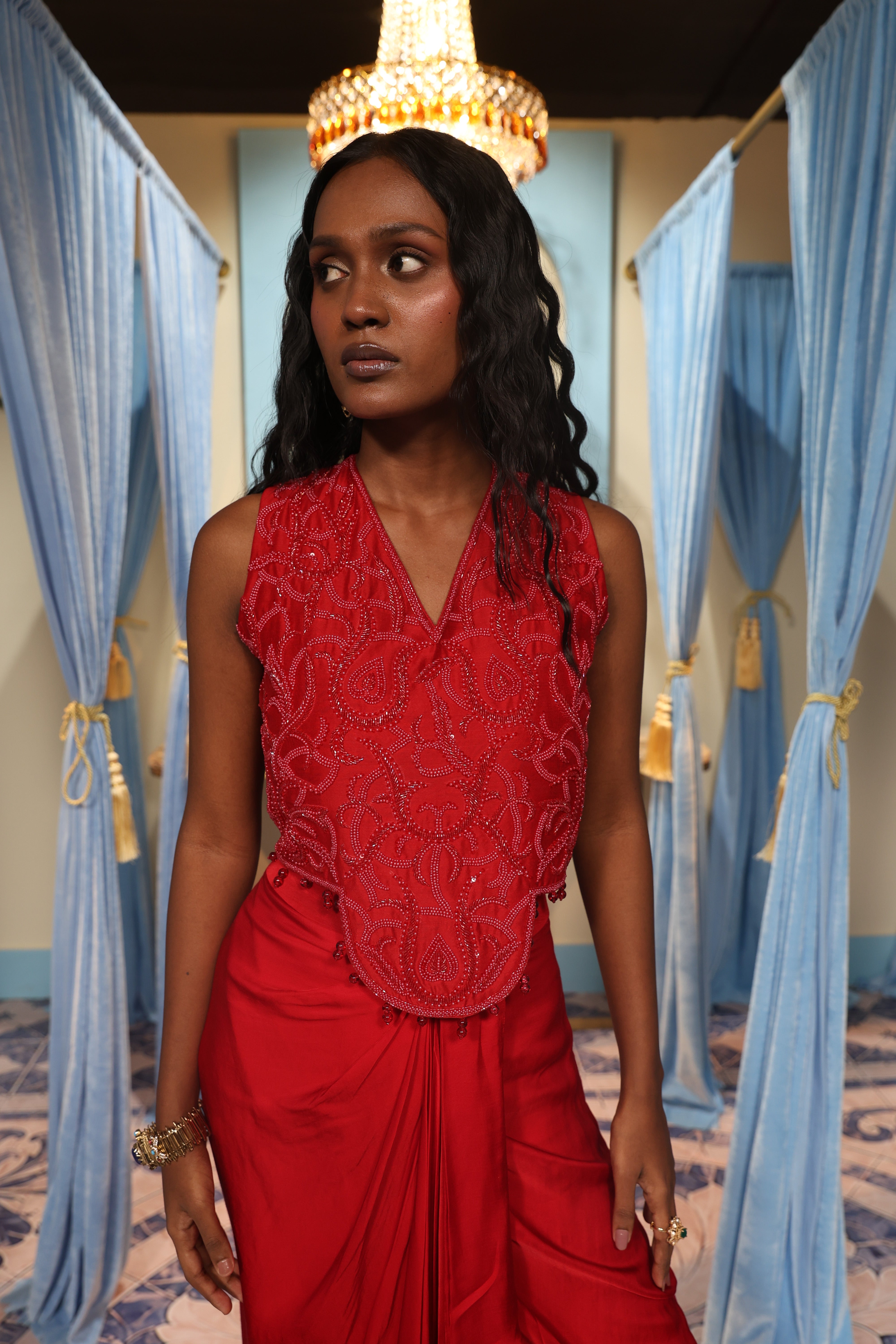 Red Crop Top with Drape Skirt