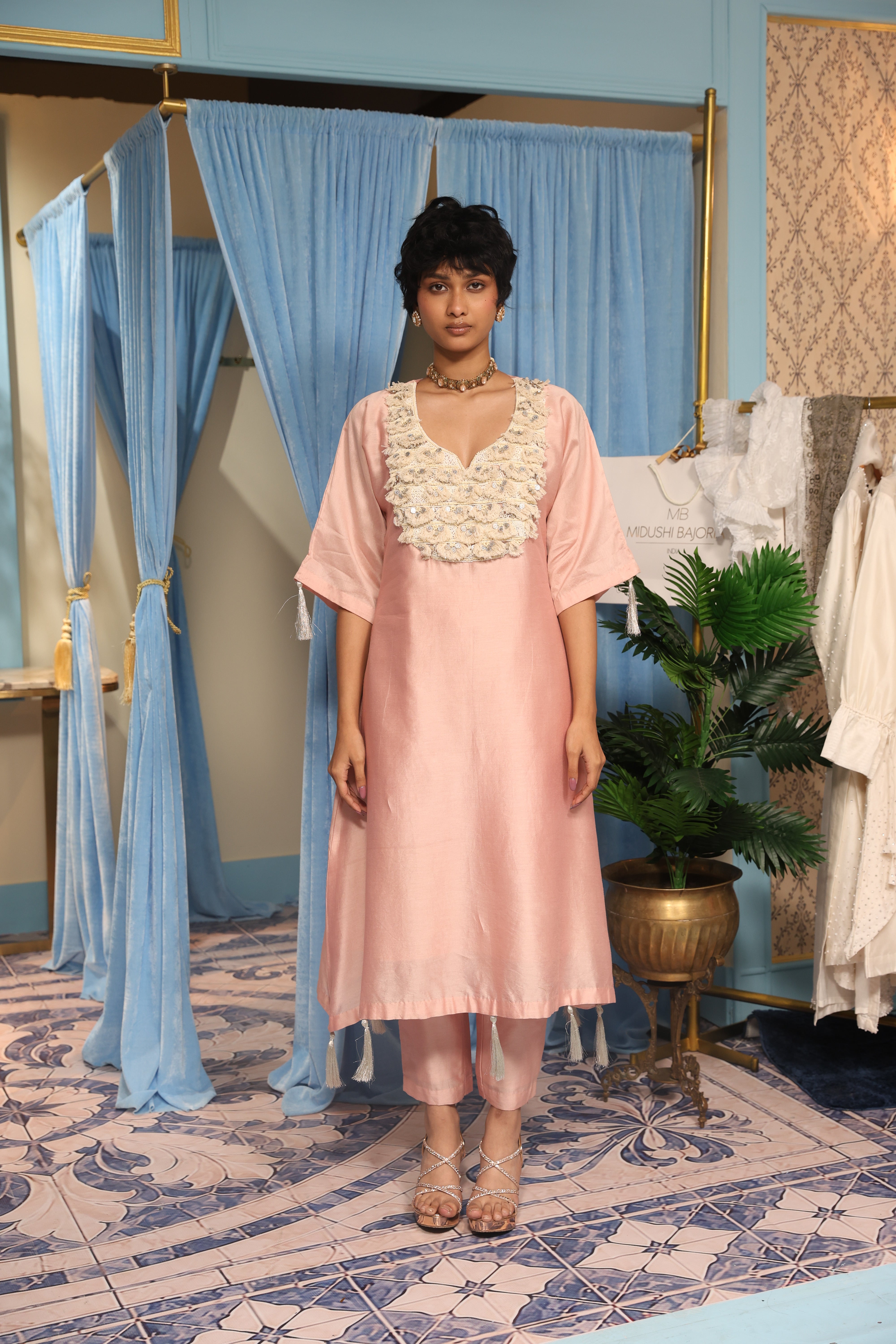 Pink Assymetrical Kurta with Slip and Pant