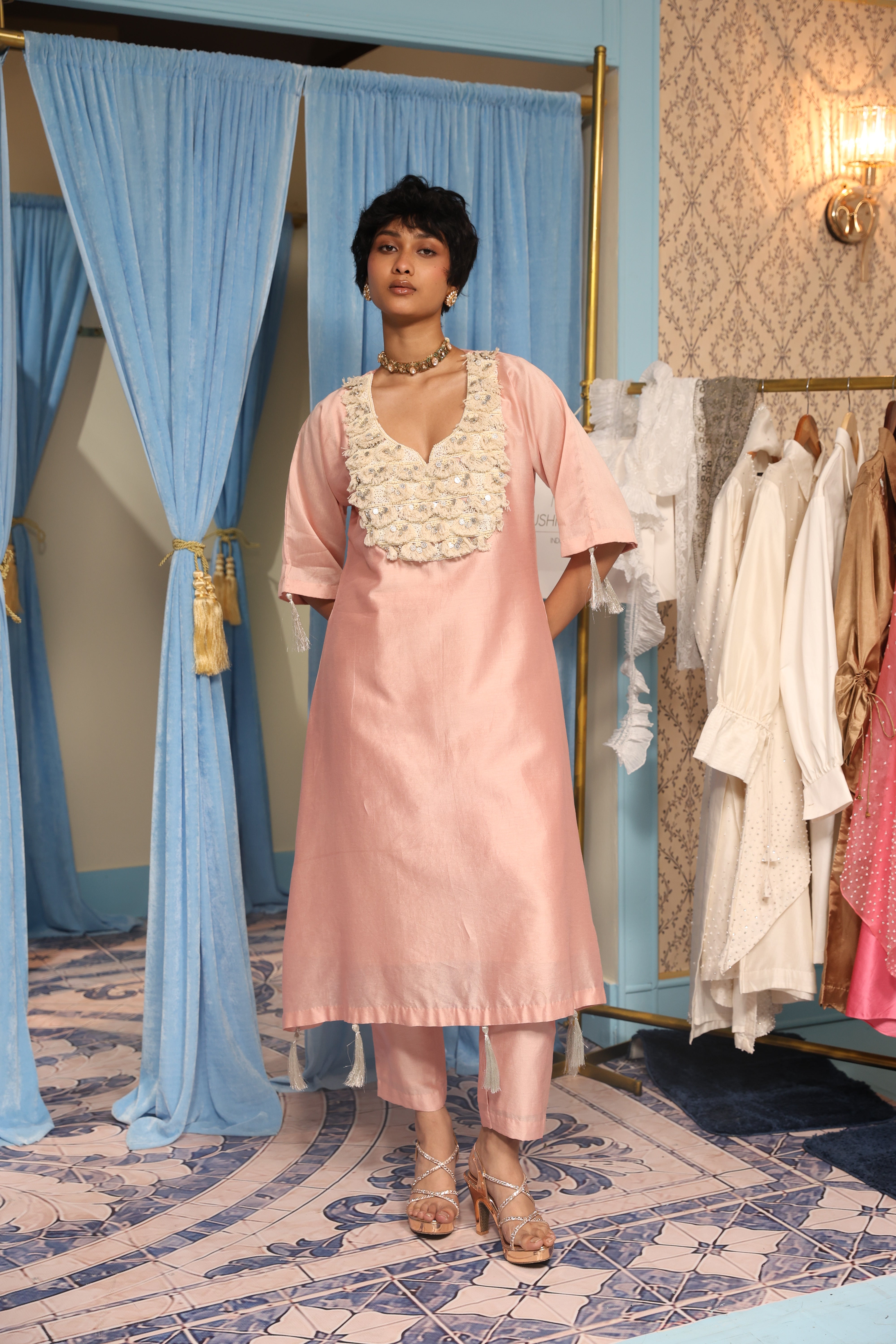 Pink Assymetrical Kurta with Slip and Pant