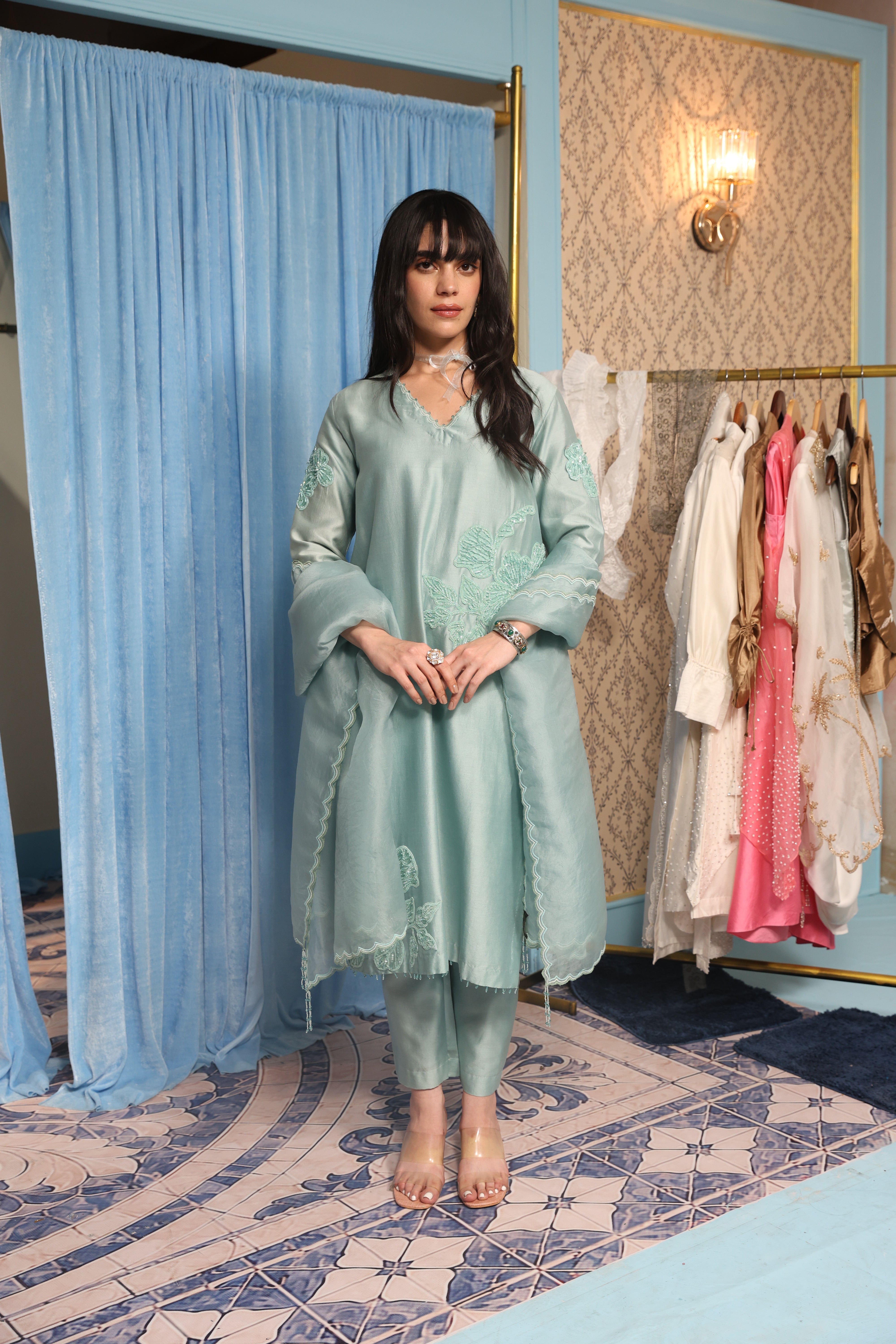 Steel Blue Classic Kurta Set with Organza Dupatta