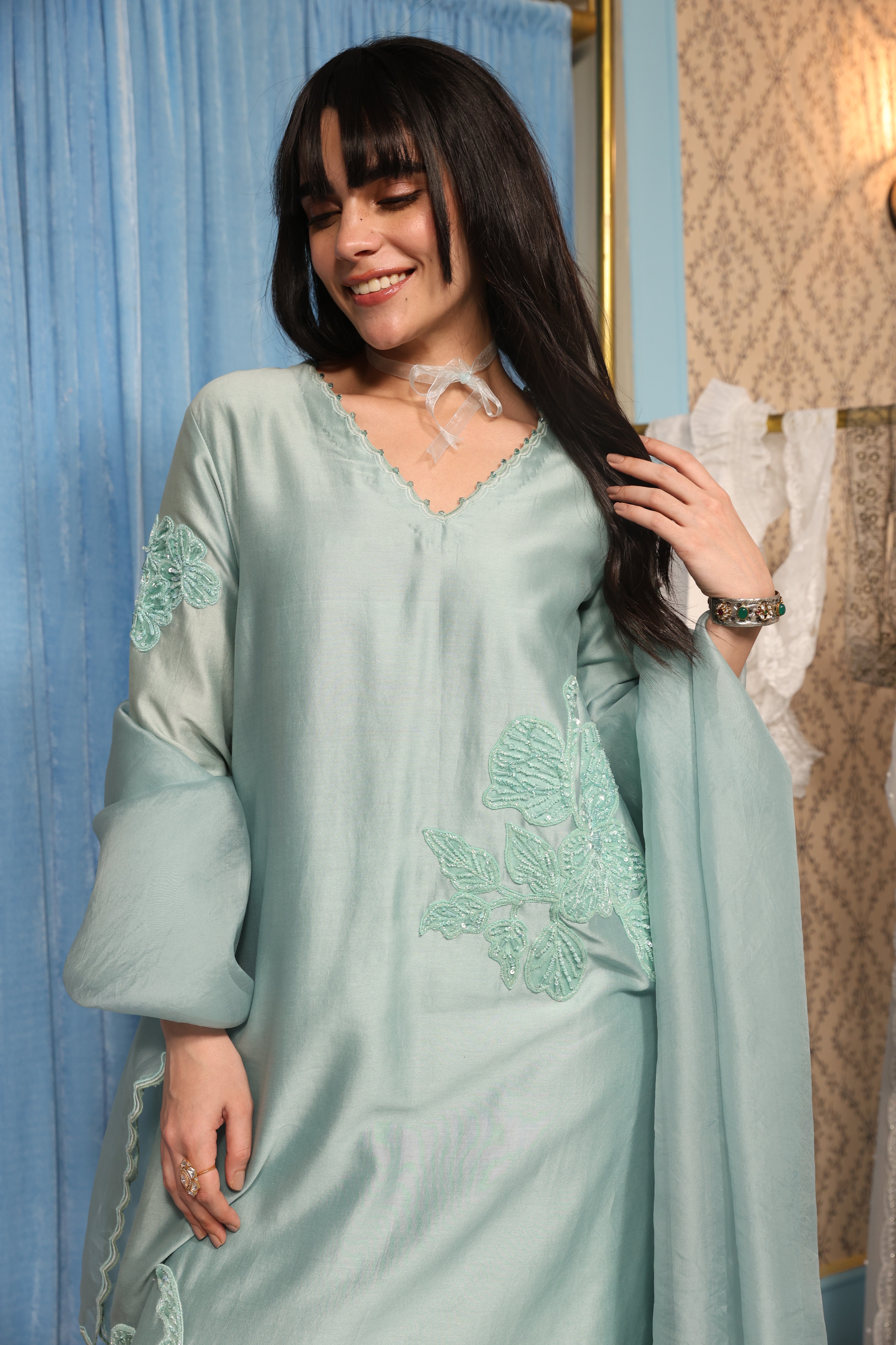 Steel Blue Classic Kurta Set with Organza Dupatta