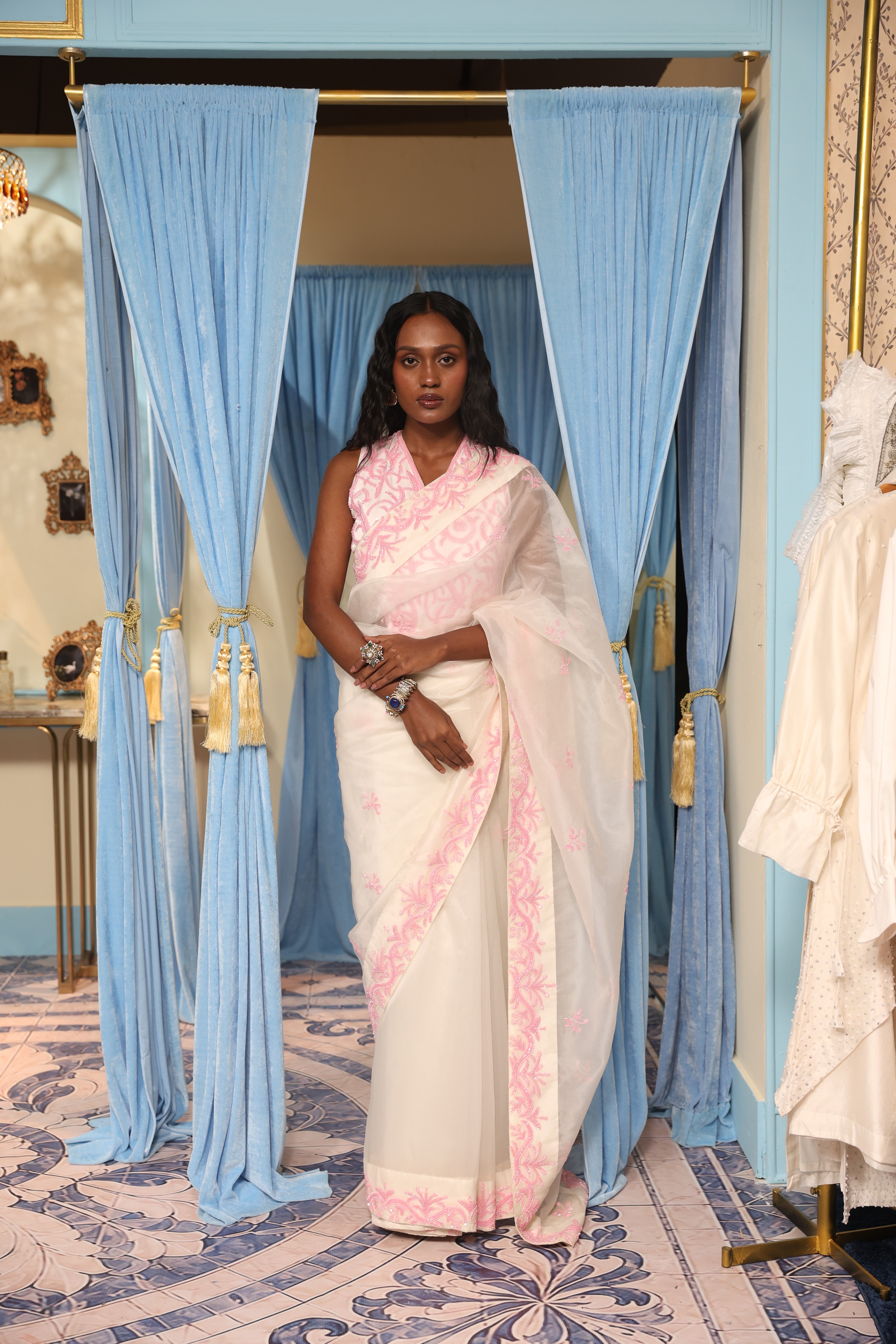 Off-White Crop Top Paired with a Classic Saree