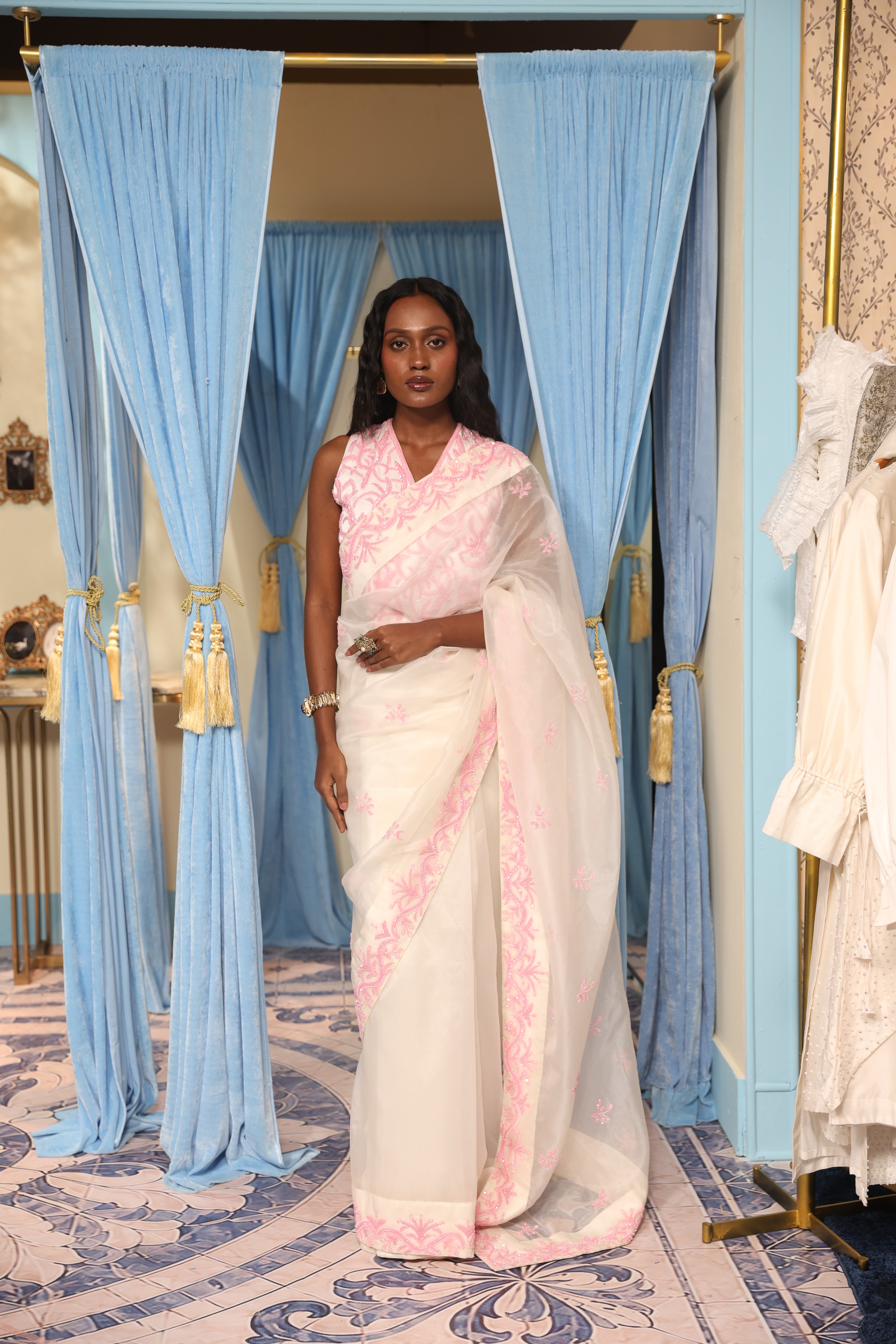 Off-White Crop Top Paired with a Classic Saree