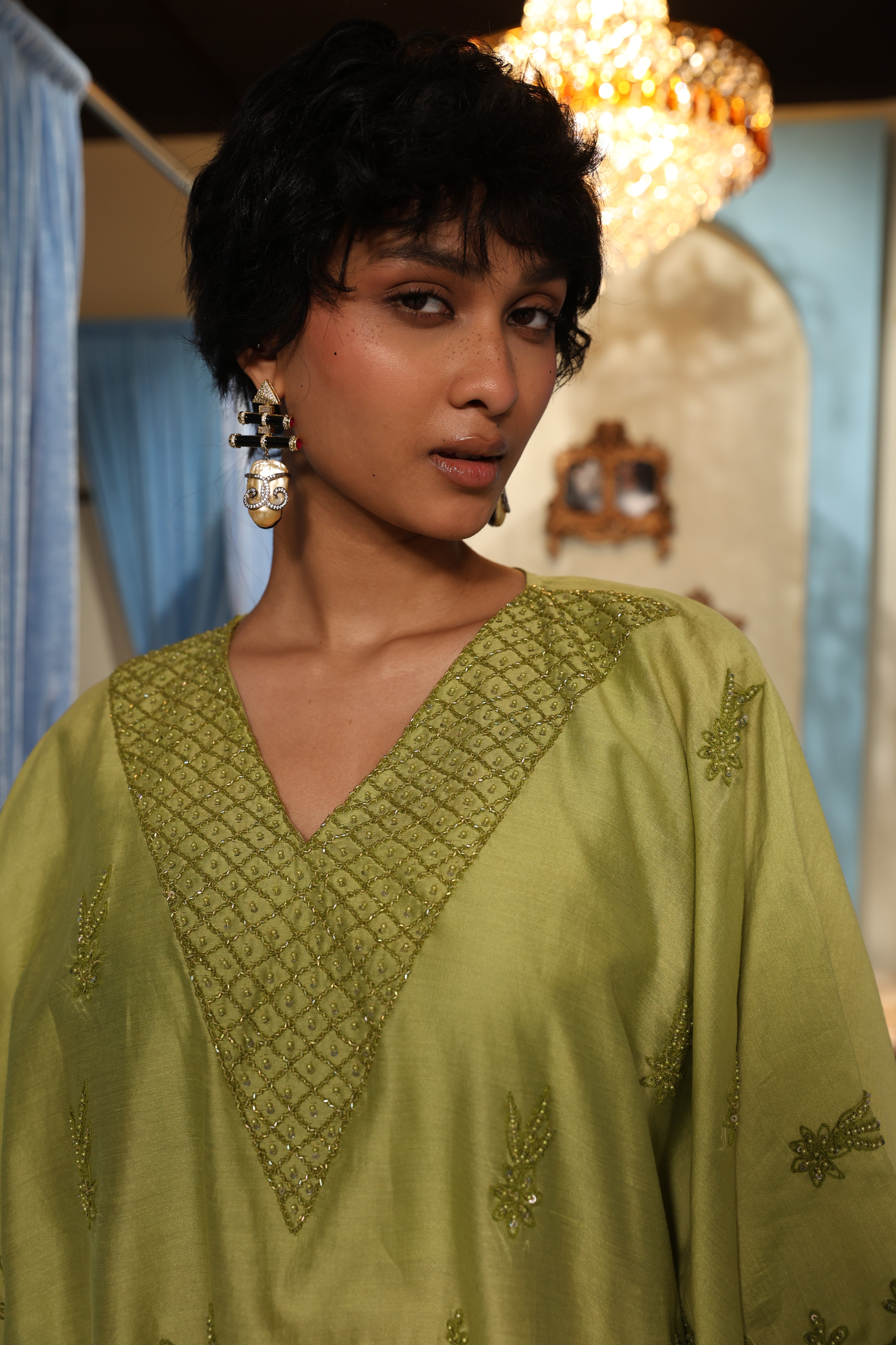 Green Short Kaftan Set with Bustier Pant