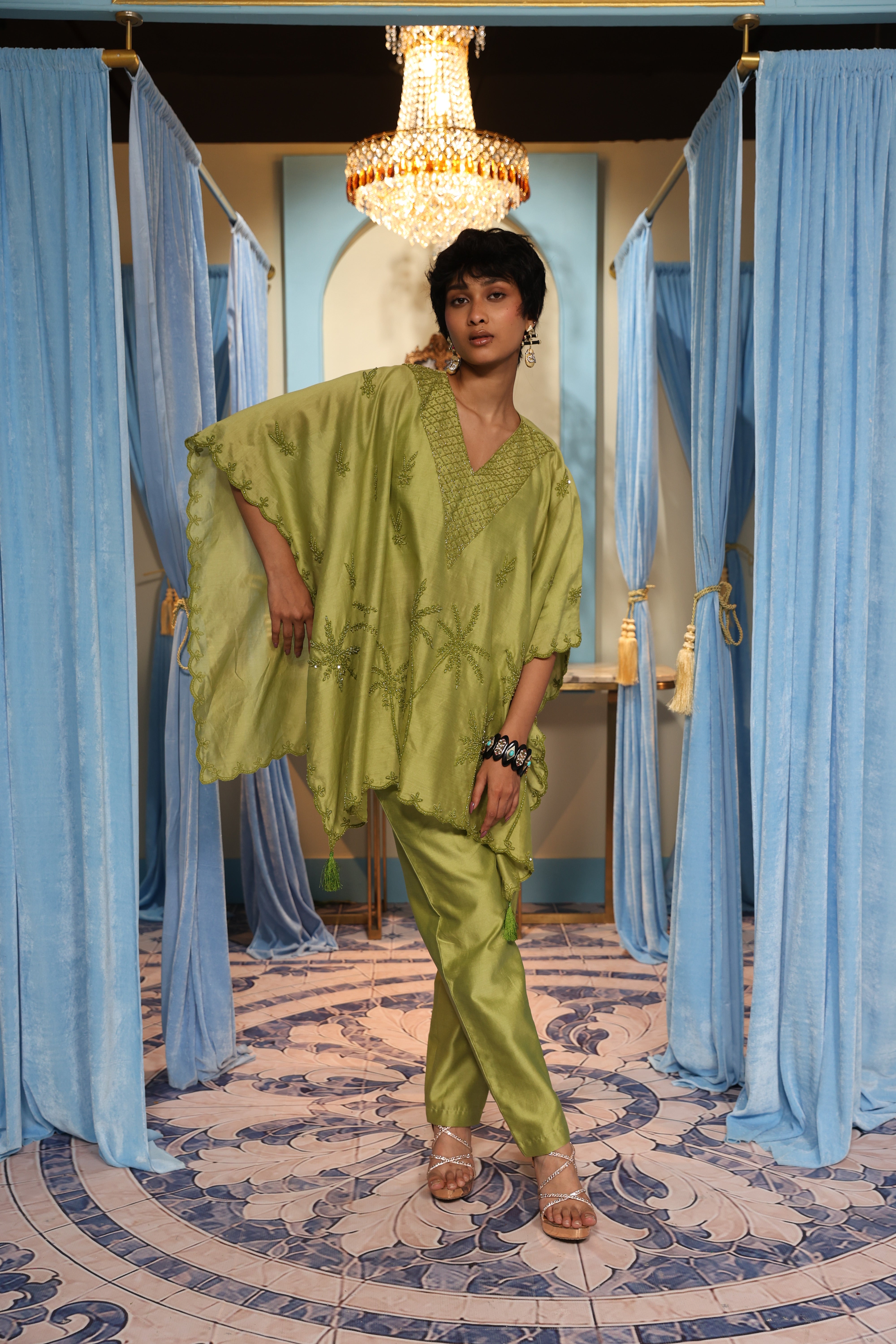 Green Short Kaftan Set with Bustier Pant