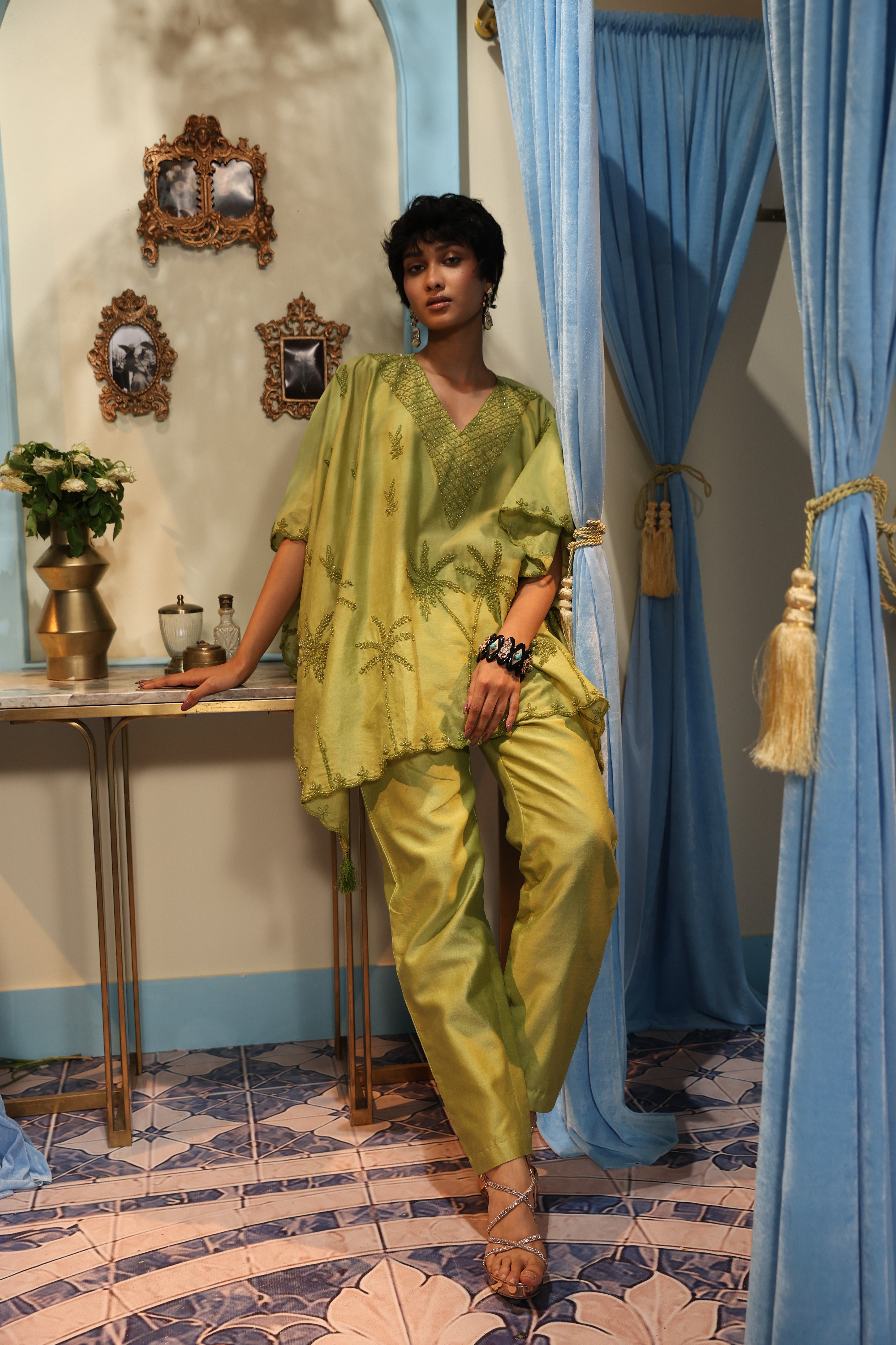 Green Short Kaftan Set with Bustier Pant