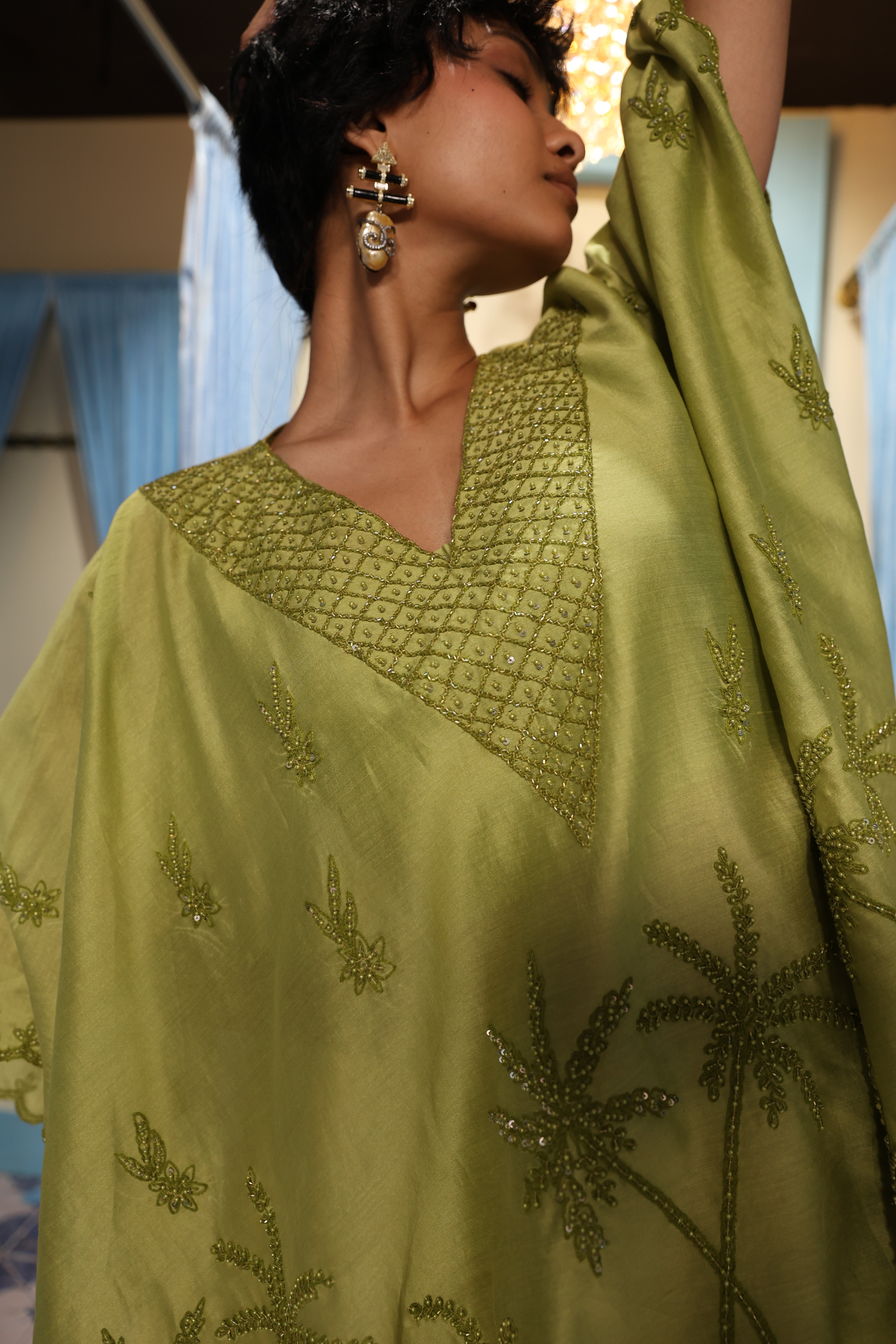 Green Short Kaftan Set with Bustier Pant