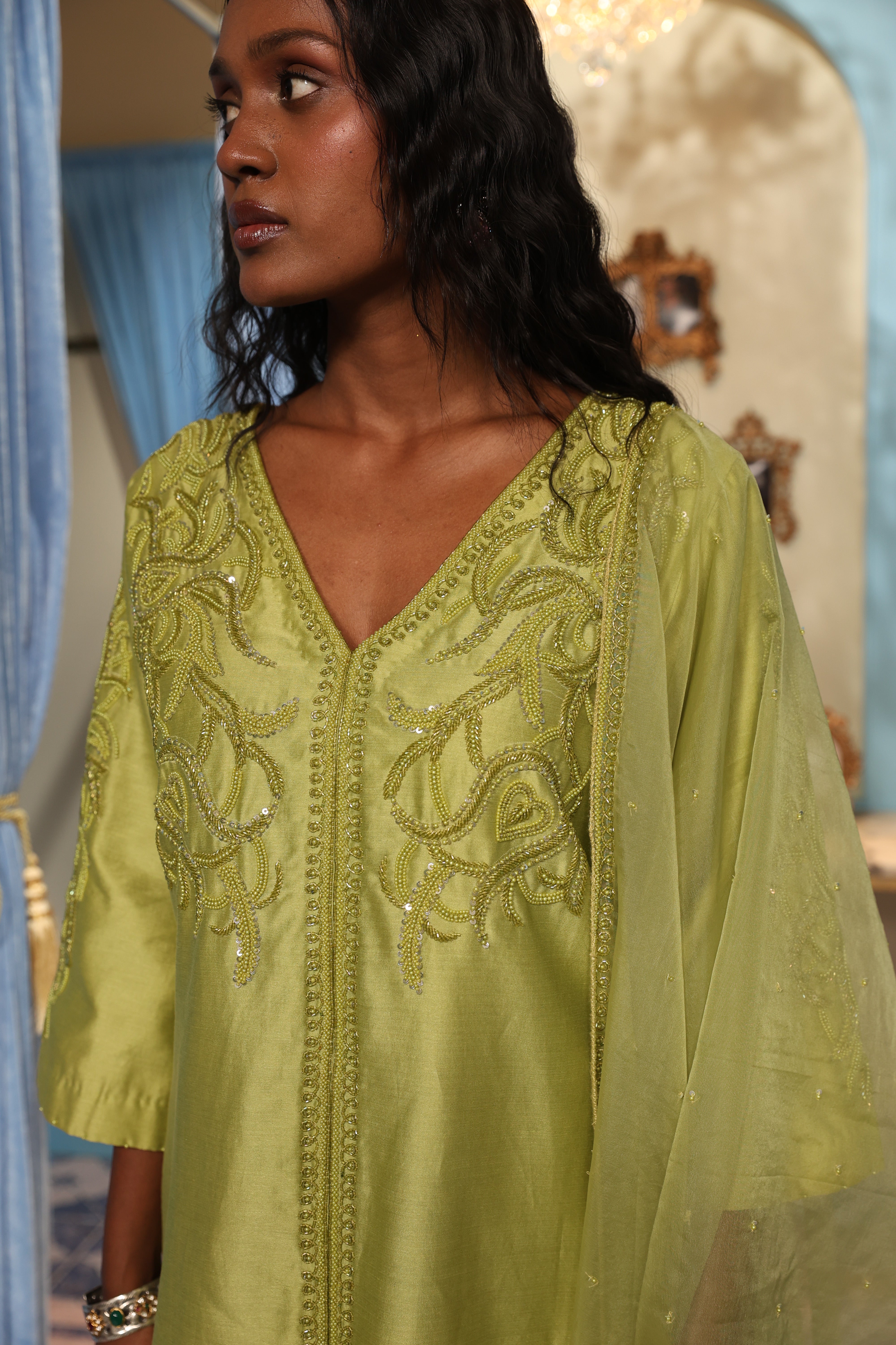 Green Kurta with Organza Dupatta