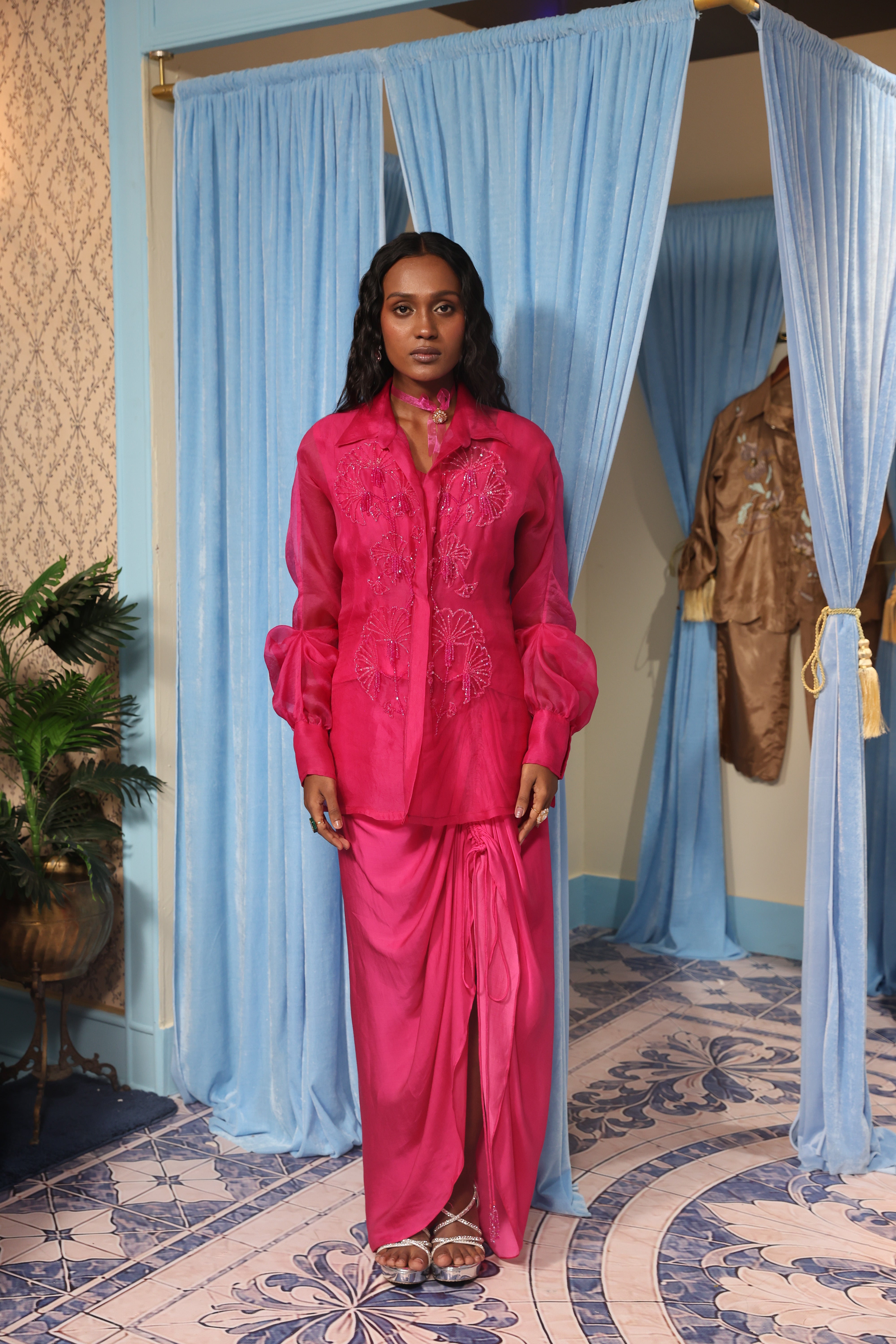 Rani Pink Shirt Look and Bustier with Drape Skirt