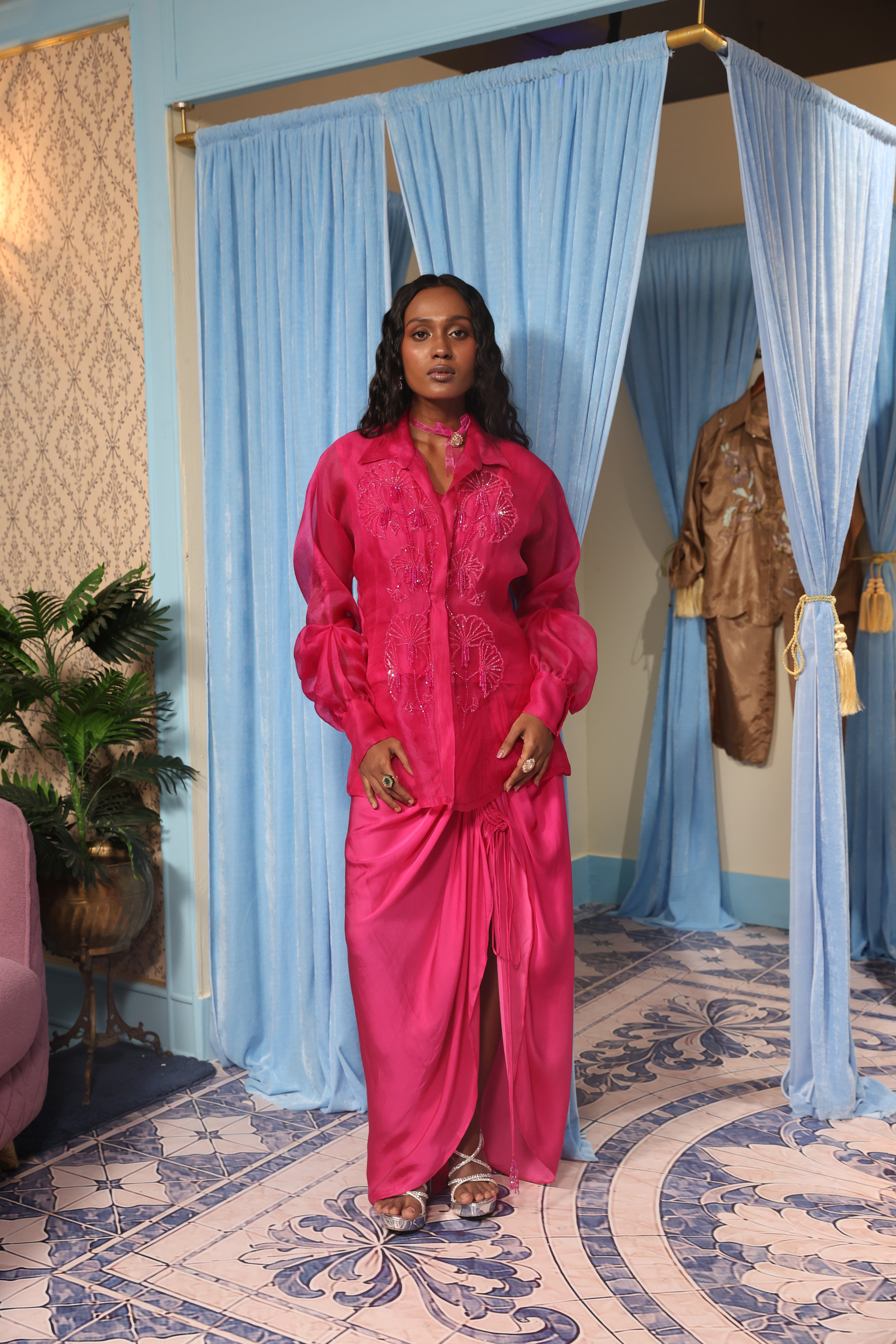 Rani Pink Shirt Look and Bustier with Drape Skirt