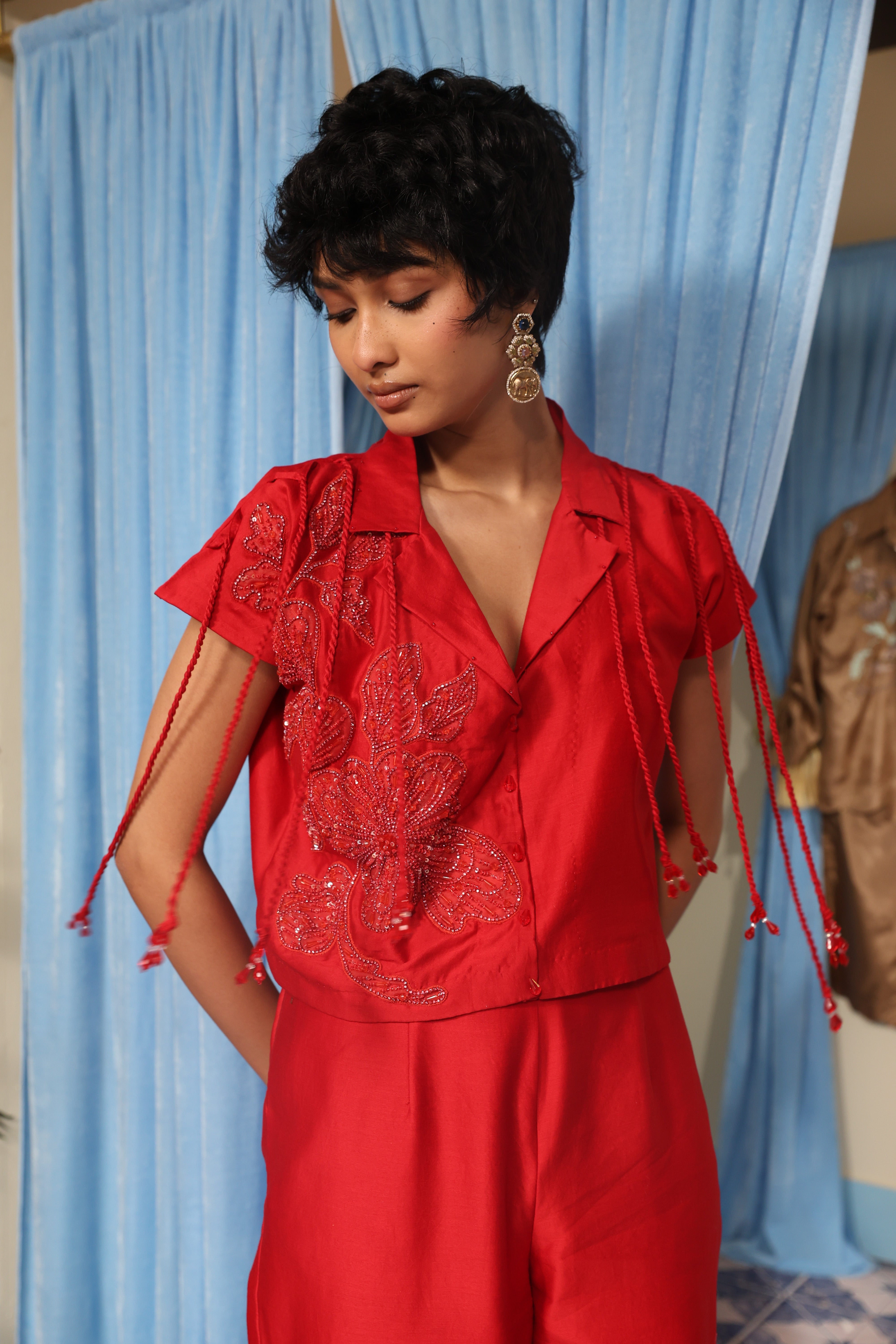 Red Crop Jacket with Pants