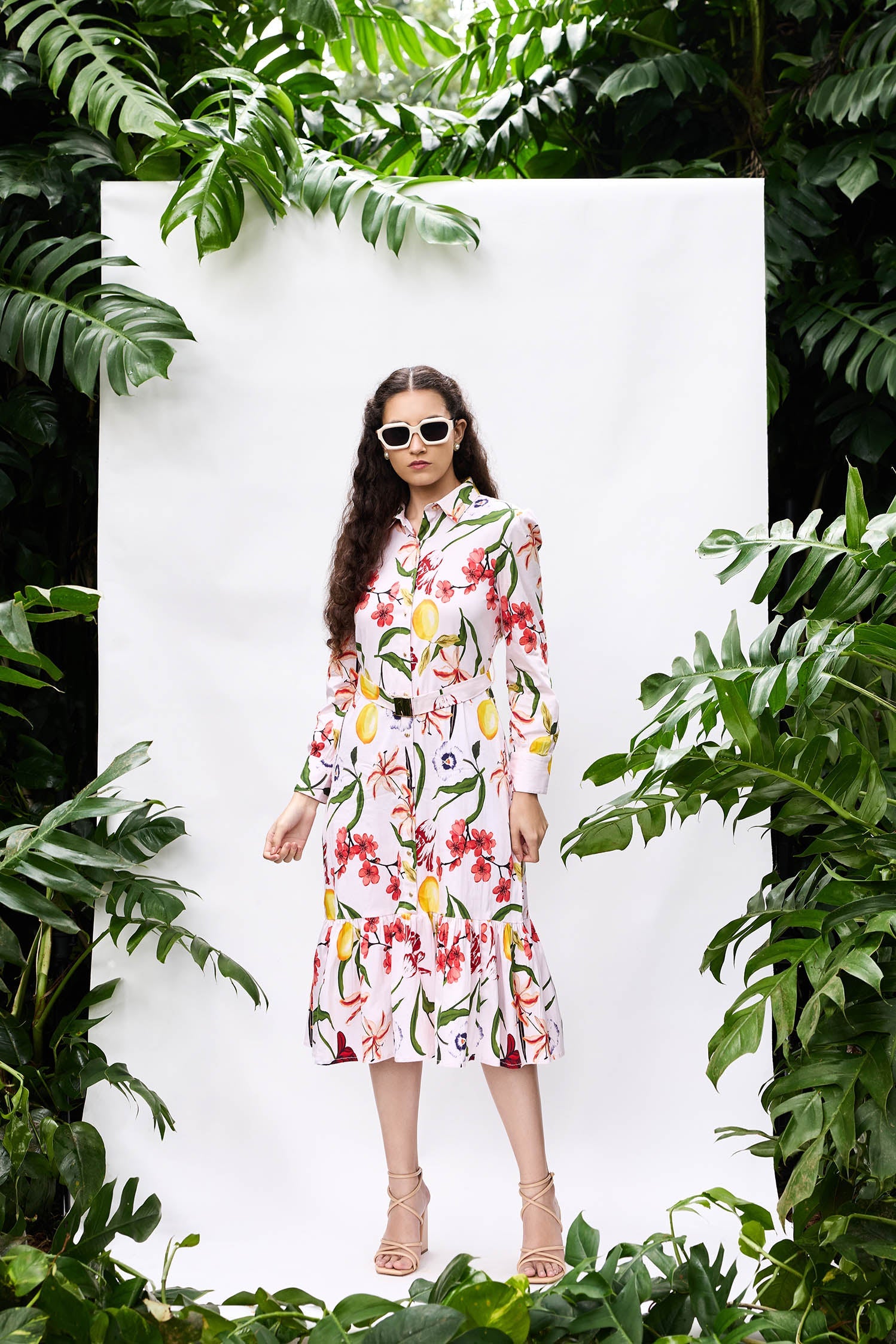 VA RA Bouquet Dress — floral cotton lycra midi dress with lemons and red flowers