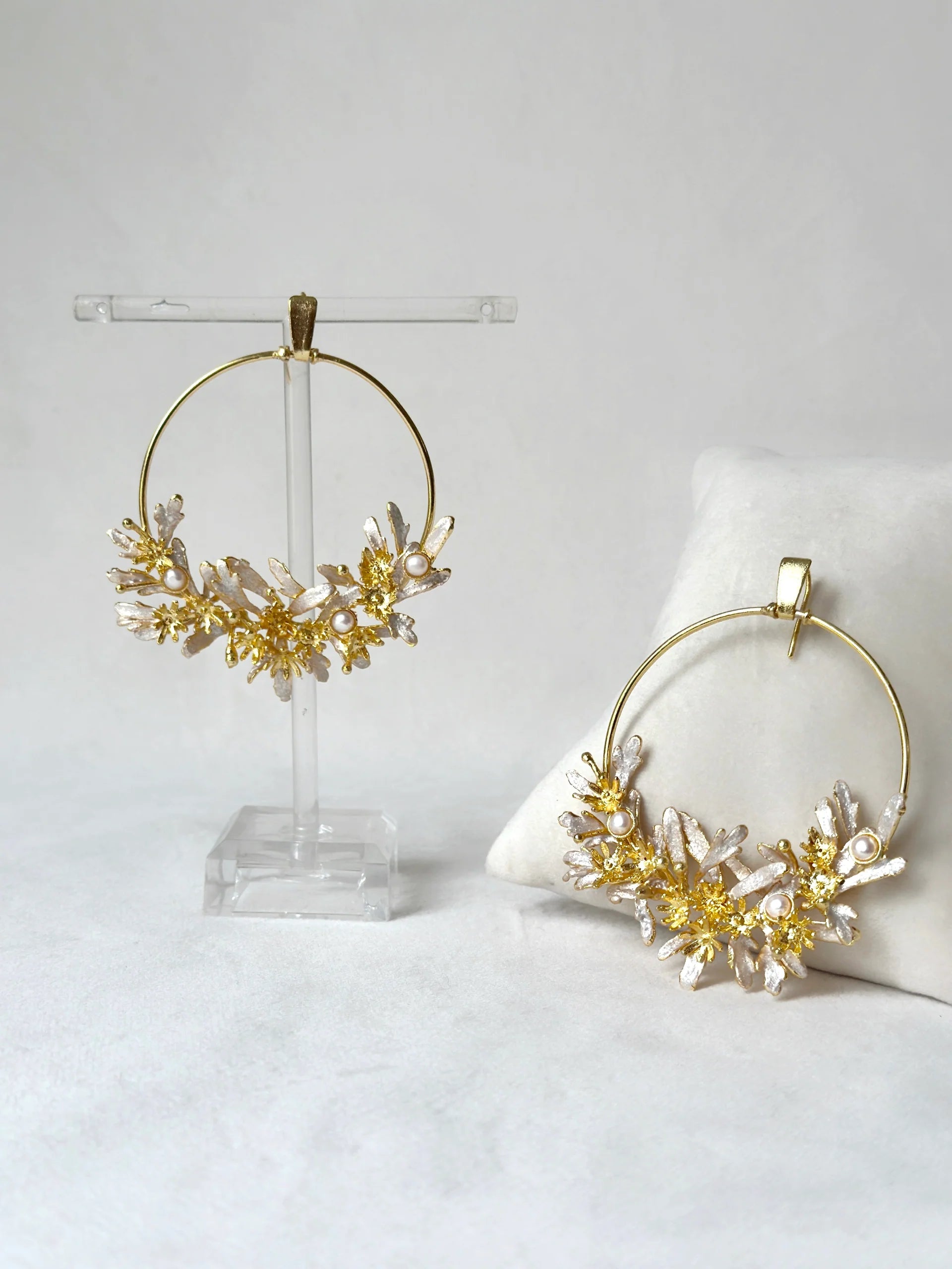Blooming crescent chandbali earrings - snowy white - White leaf gold blossoms