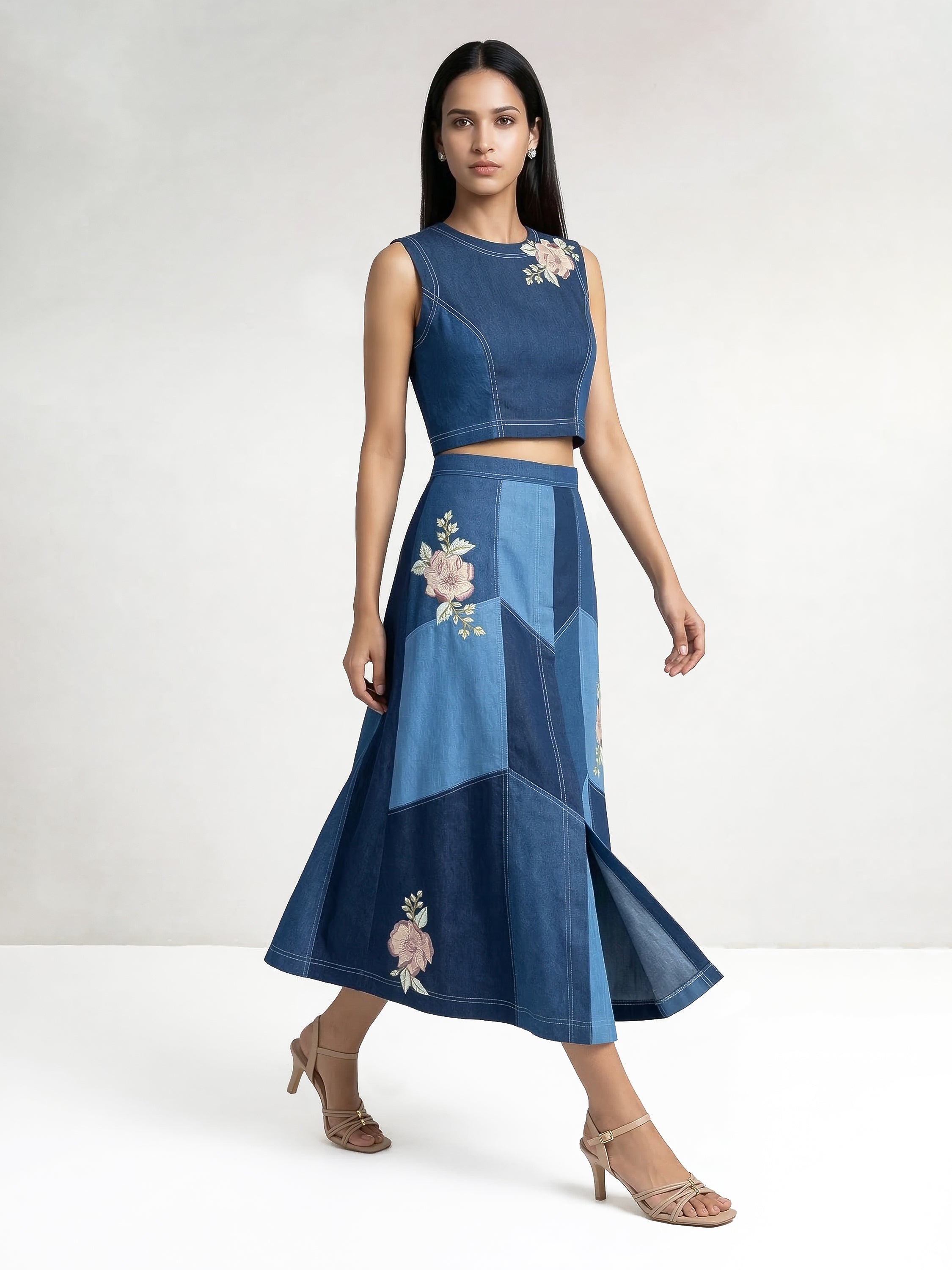 Color Block Blue Denim Applique Co-Ord Set