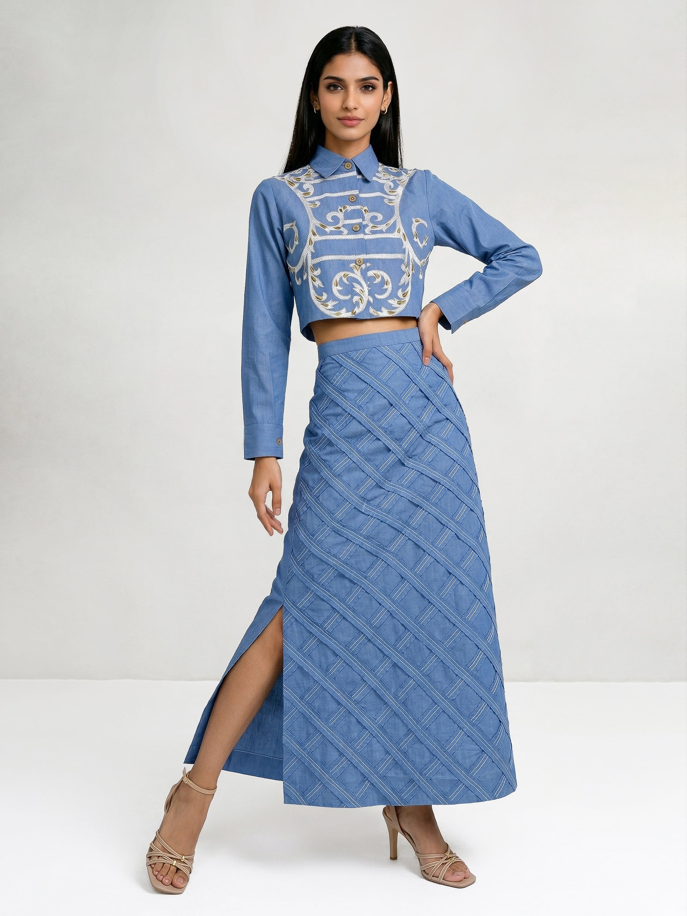Light Blue Short Shirt With Ivory And Beige Embroidery And Skirt