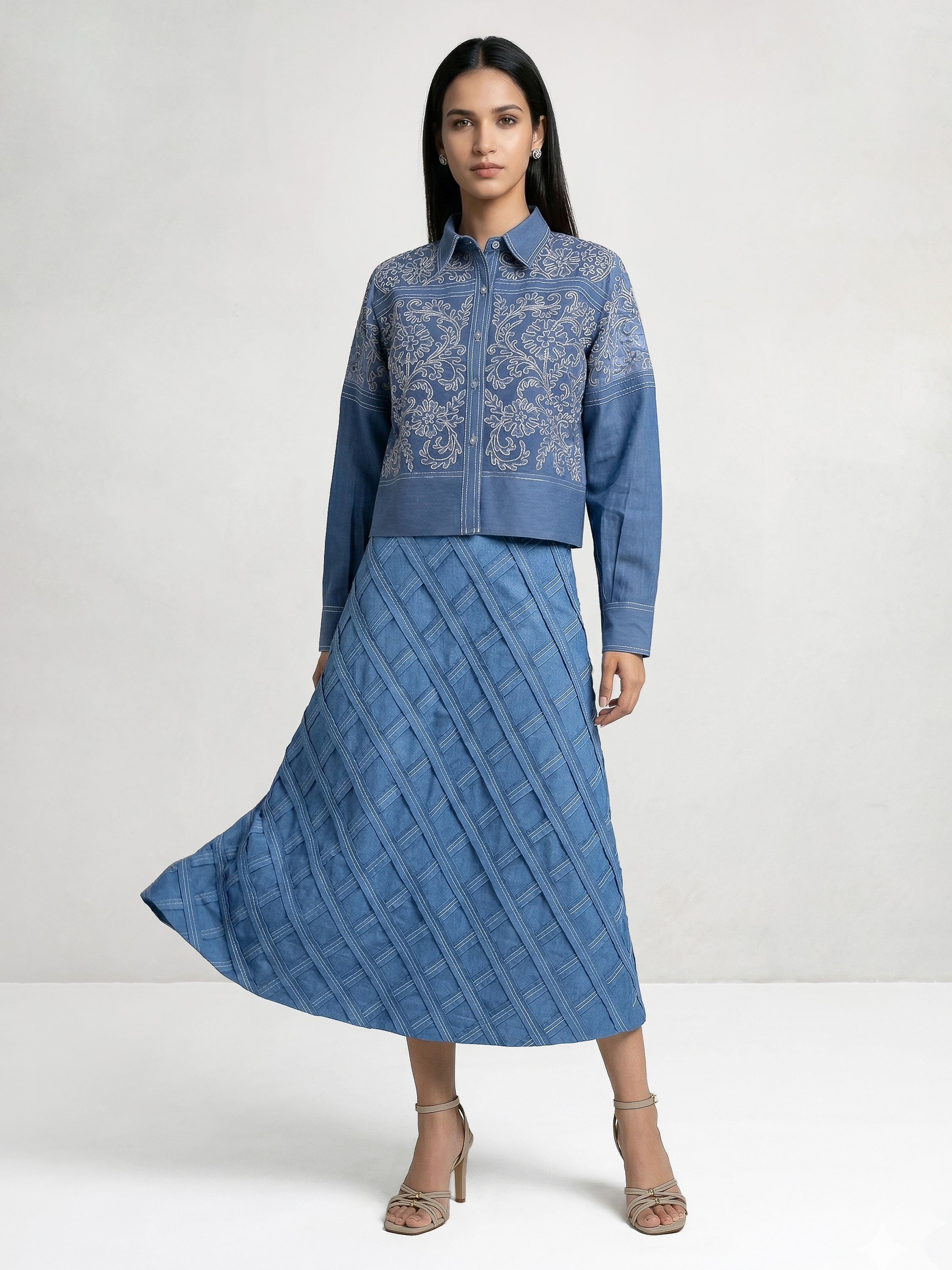 Light Blue Short Shirt With Embroidery And Skirt