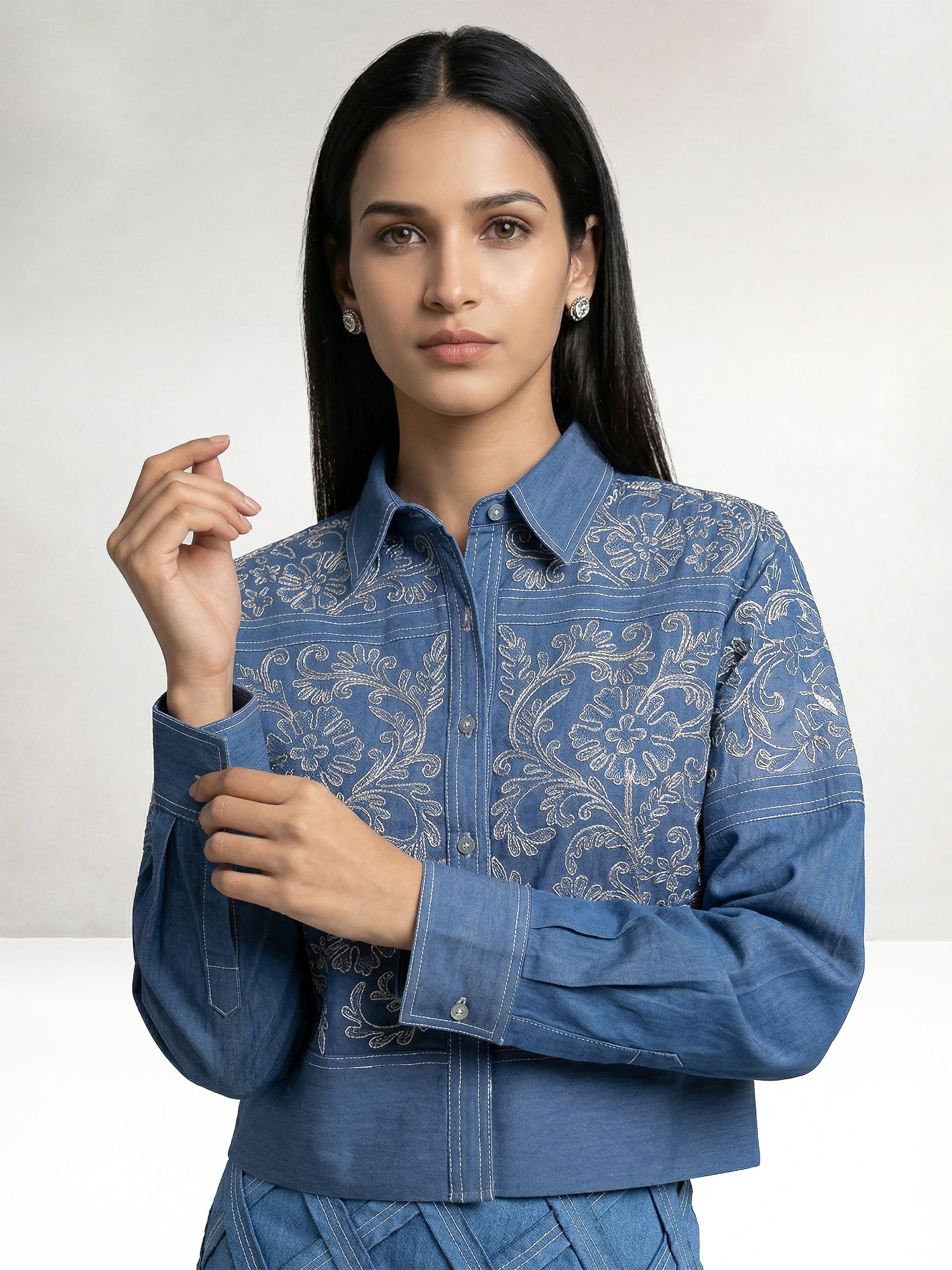 Light Blue Short Shirt With Embroidery And Skirt