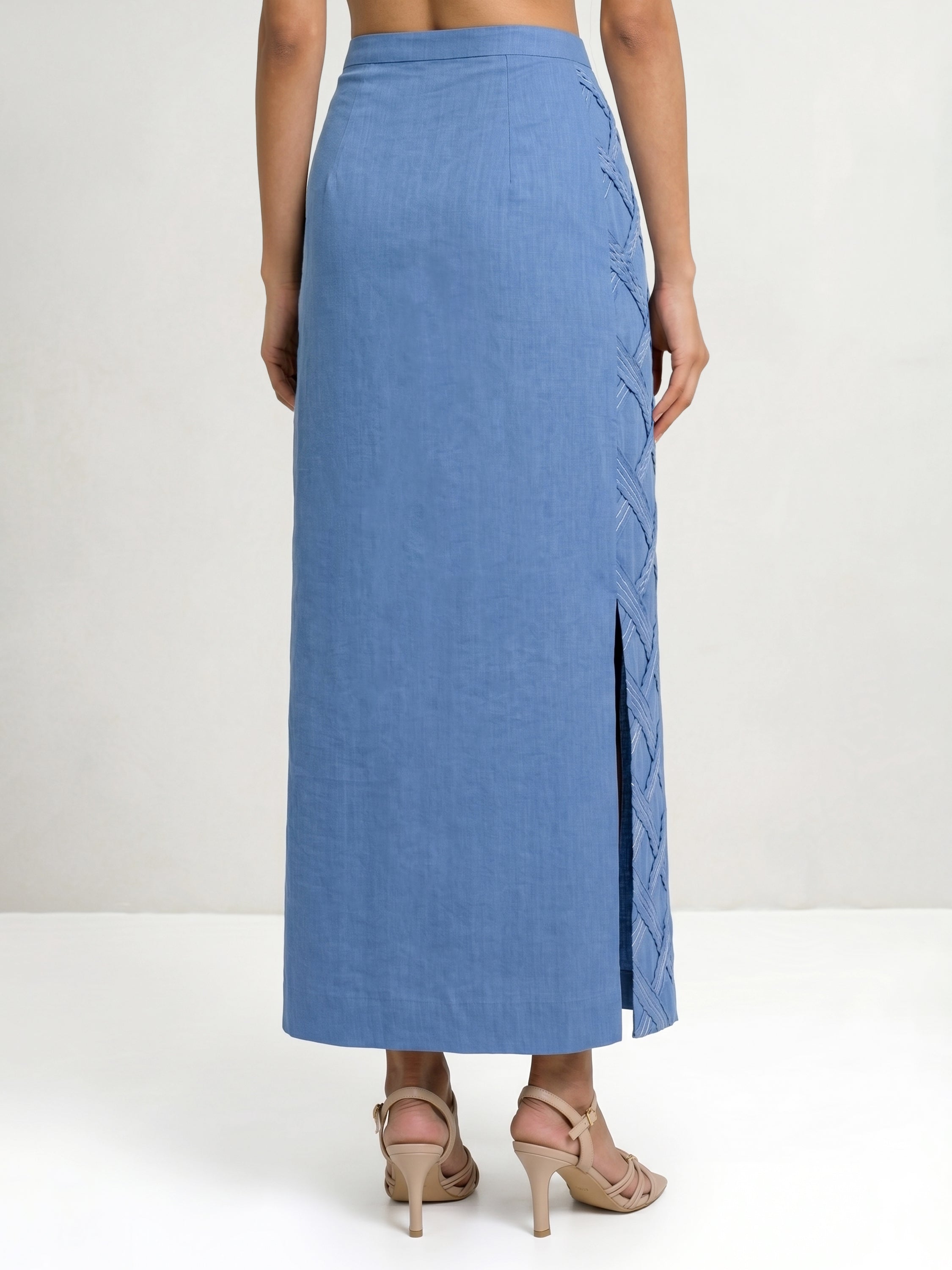 Light Blue Short Shirt With Embroidery And Skirt