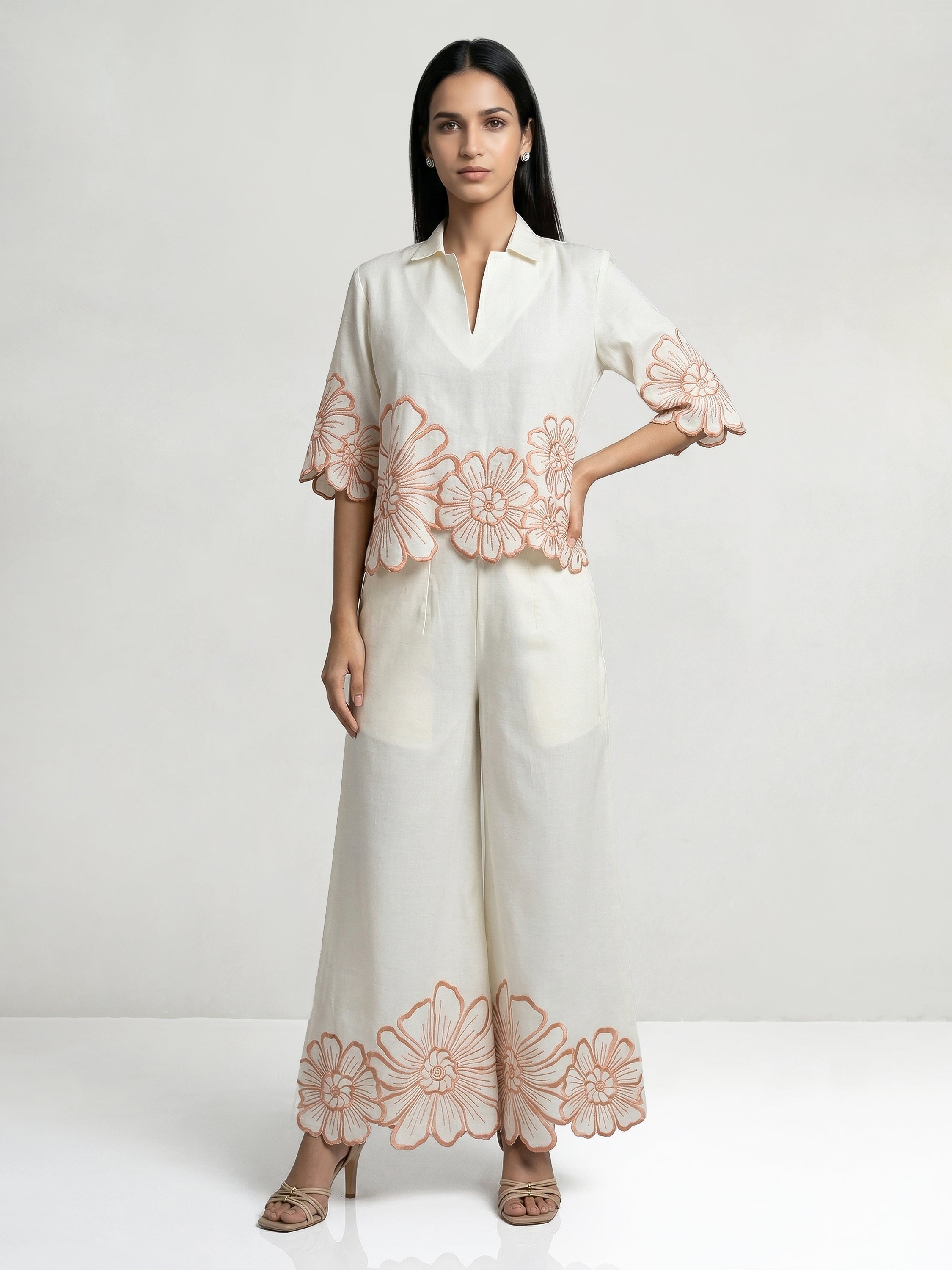 Daisy Collar Orange Embroidery Co-Ord Set