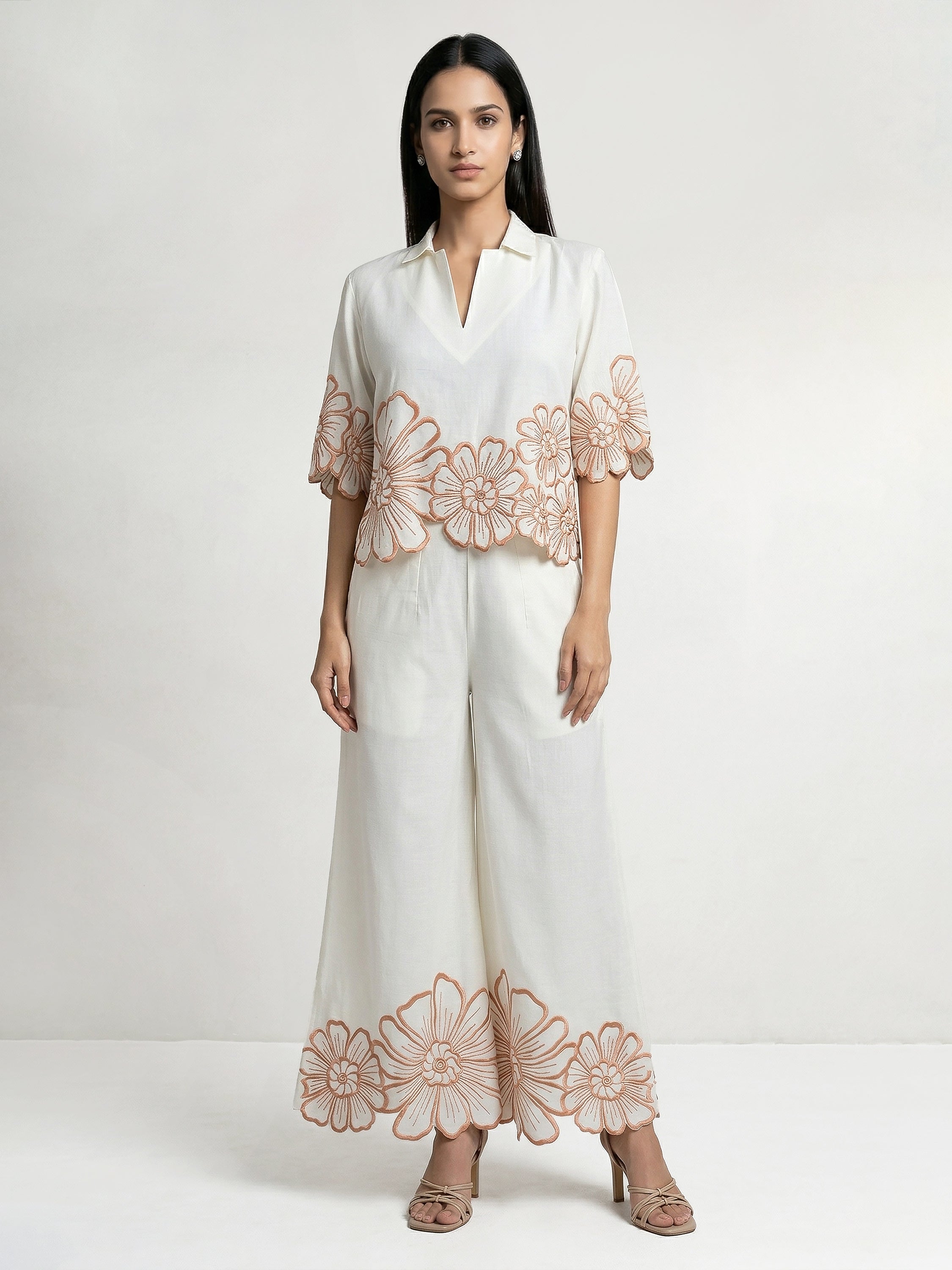 Daisy Collar Orange Embroidery Co-Ord Set