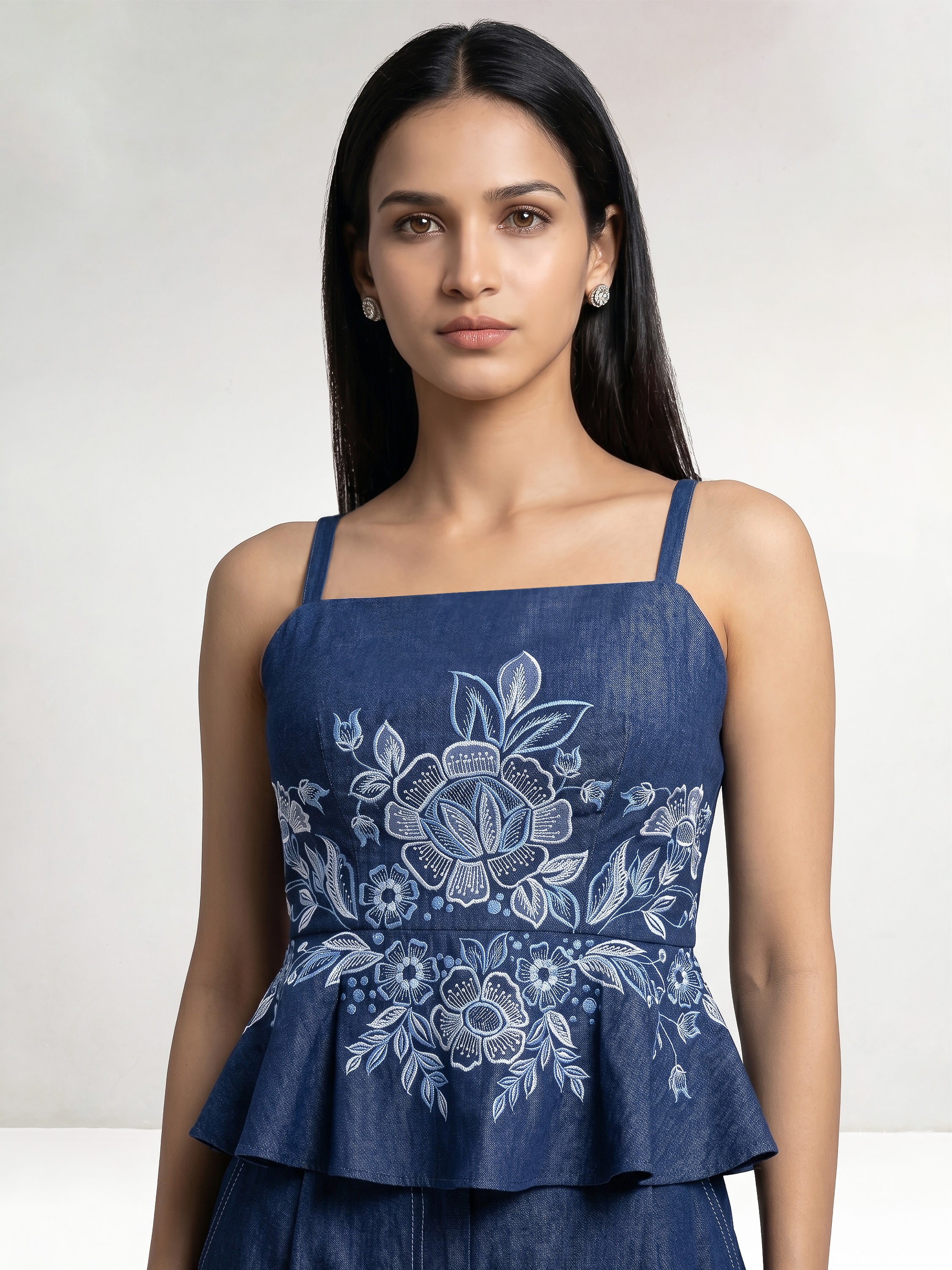 Floral Embroidered Peplum Top And Pant