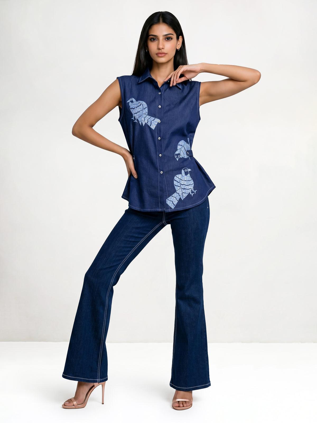 Flamingo Machine Embroidered Sleeveless Crop Shirt