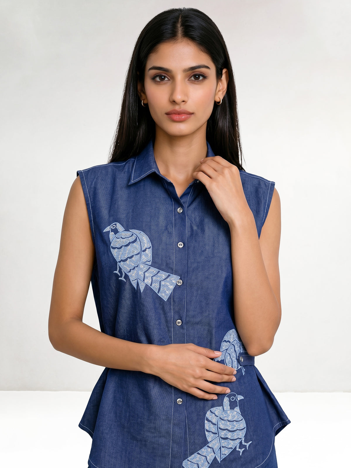 Flamingo Machine Embroidered Sleeveless Crop Shirt