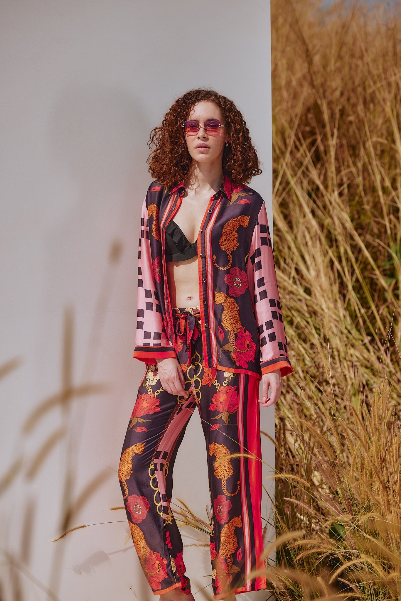 Luxury co-ord set with safari print and rosette design – VA RA resort wear for Indian women
