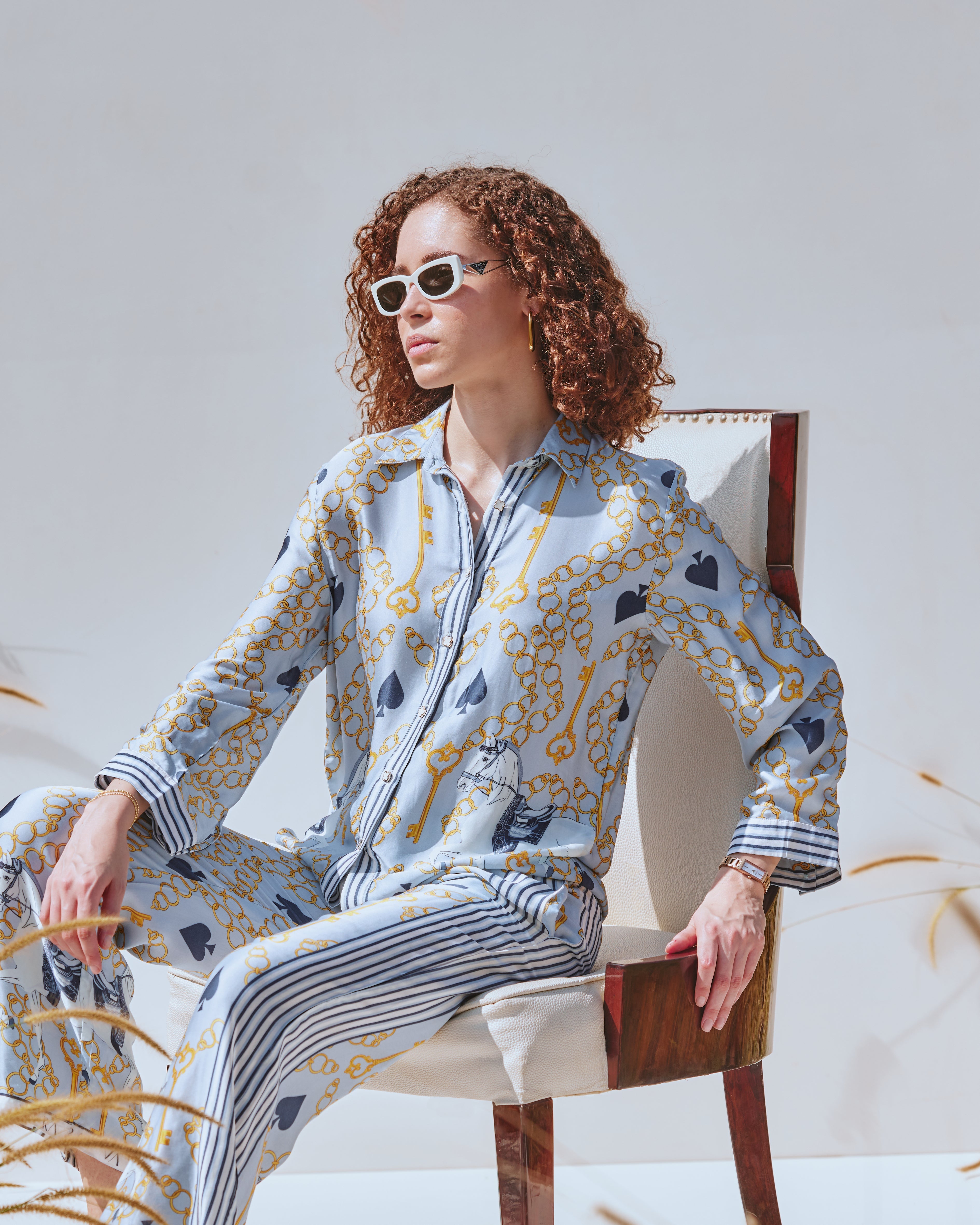 VA RA Stallion Safari Co-ord – luxury women’s co-ord set with bold stallion print, perfect for Indian resort weaR