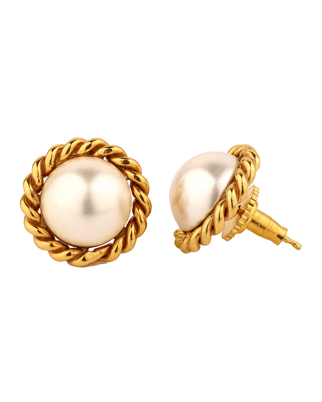 White pearl stud earrings with gold-plated finish