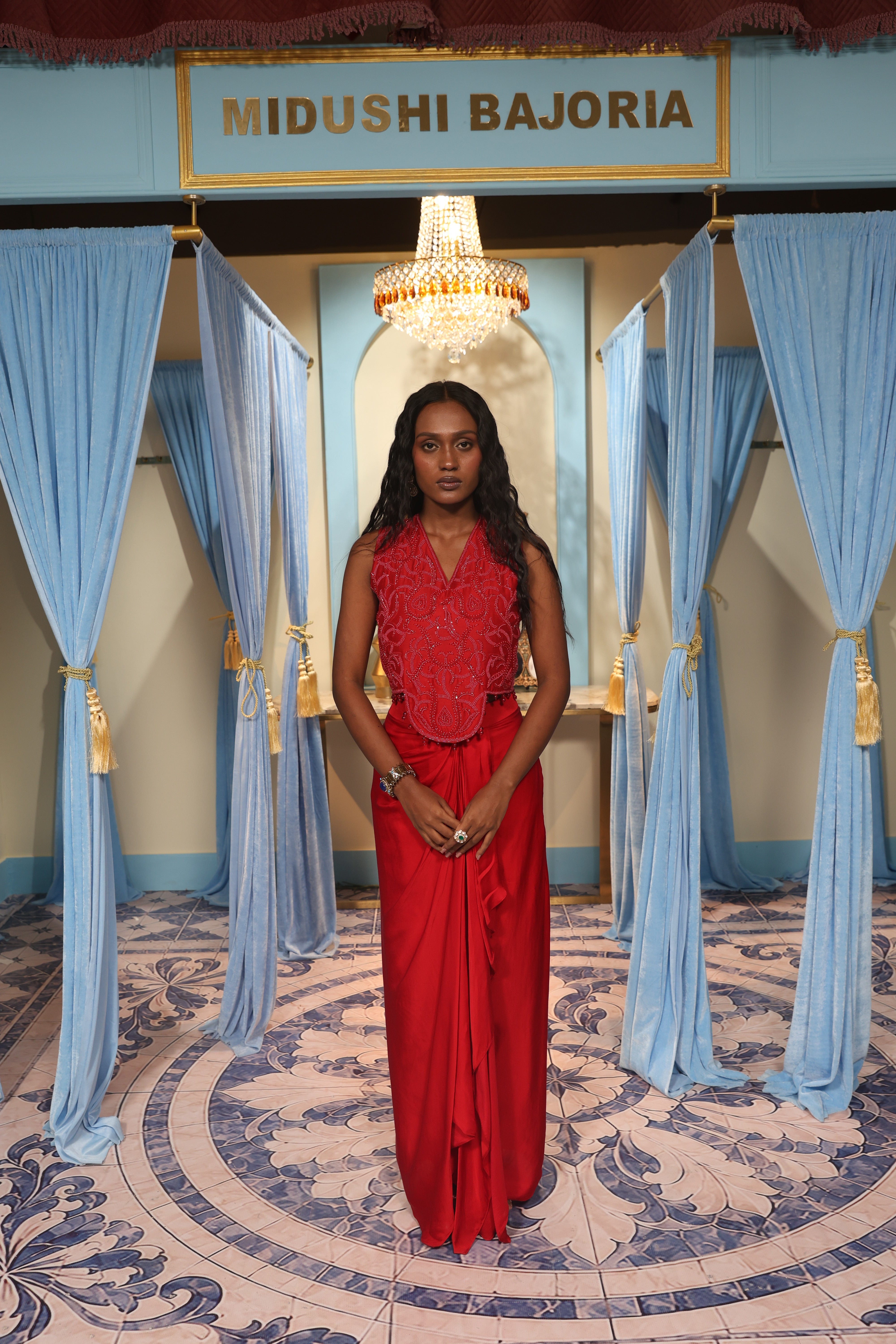 Red Crop Top with Drape Skirt