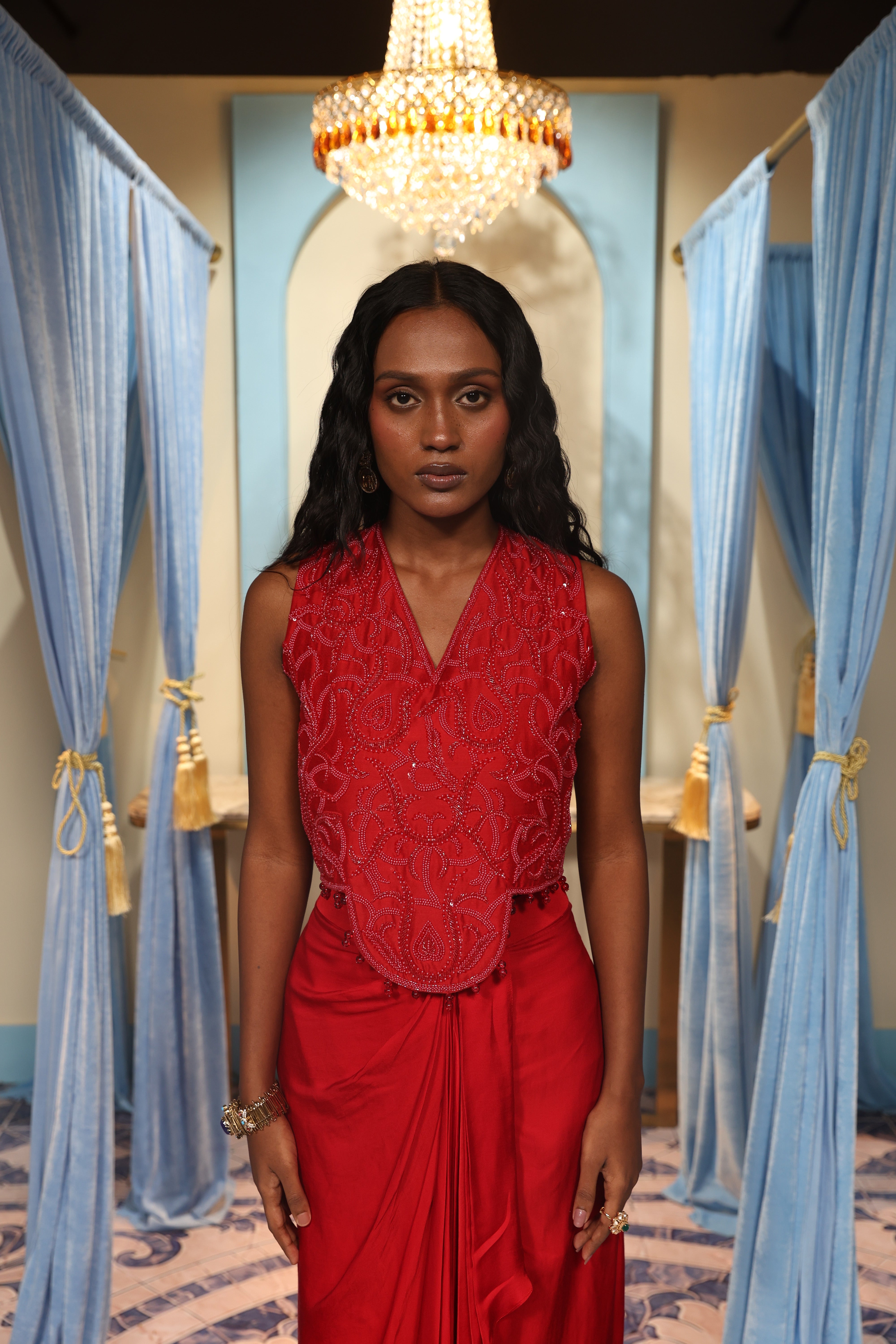 Red Crop Top with Drape Skirt