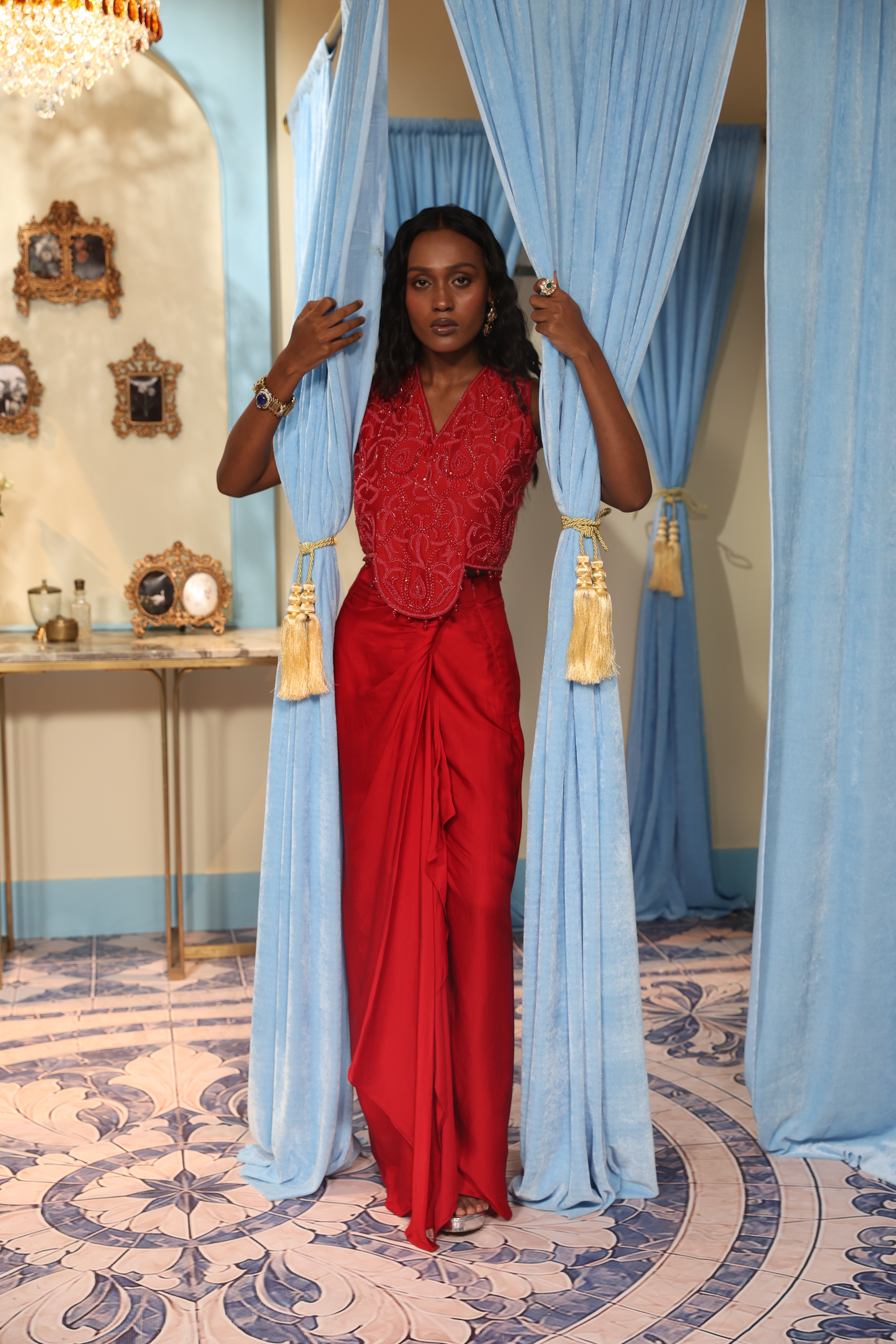 Red Crop Top with Drape Skirt