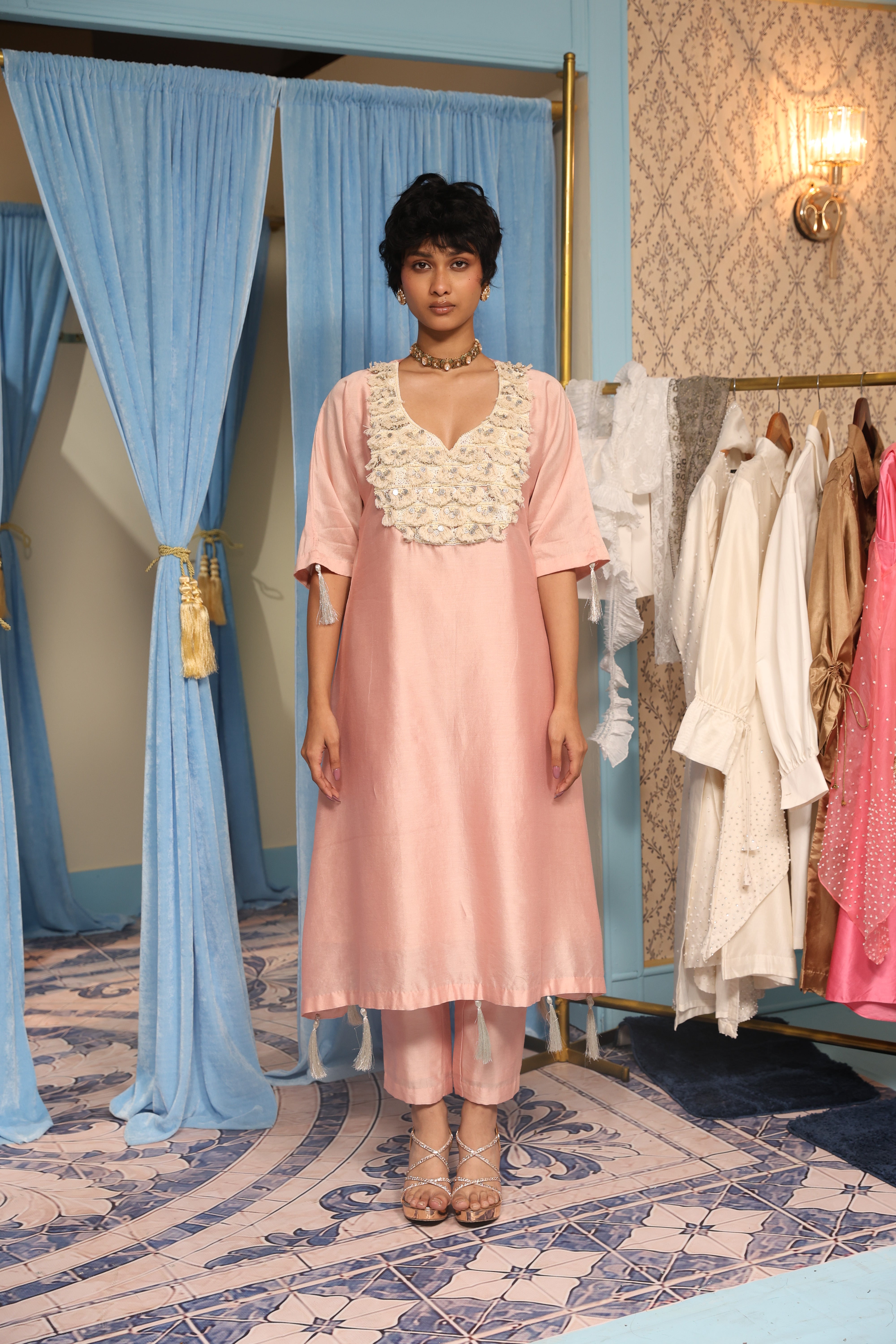 Pink Assymetrical Kurta with Slip and Pant