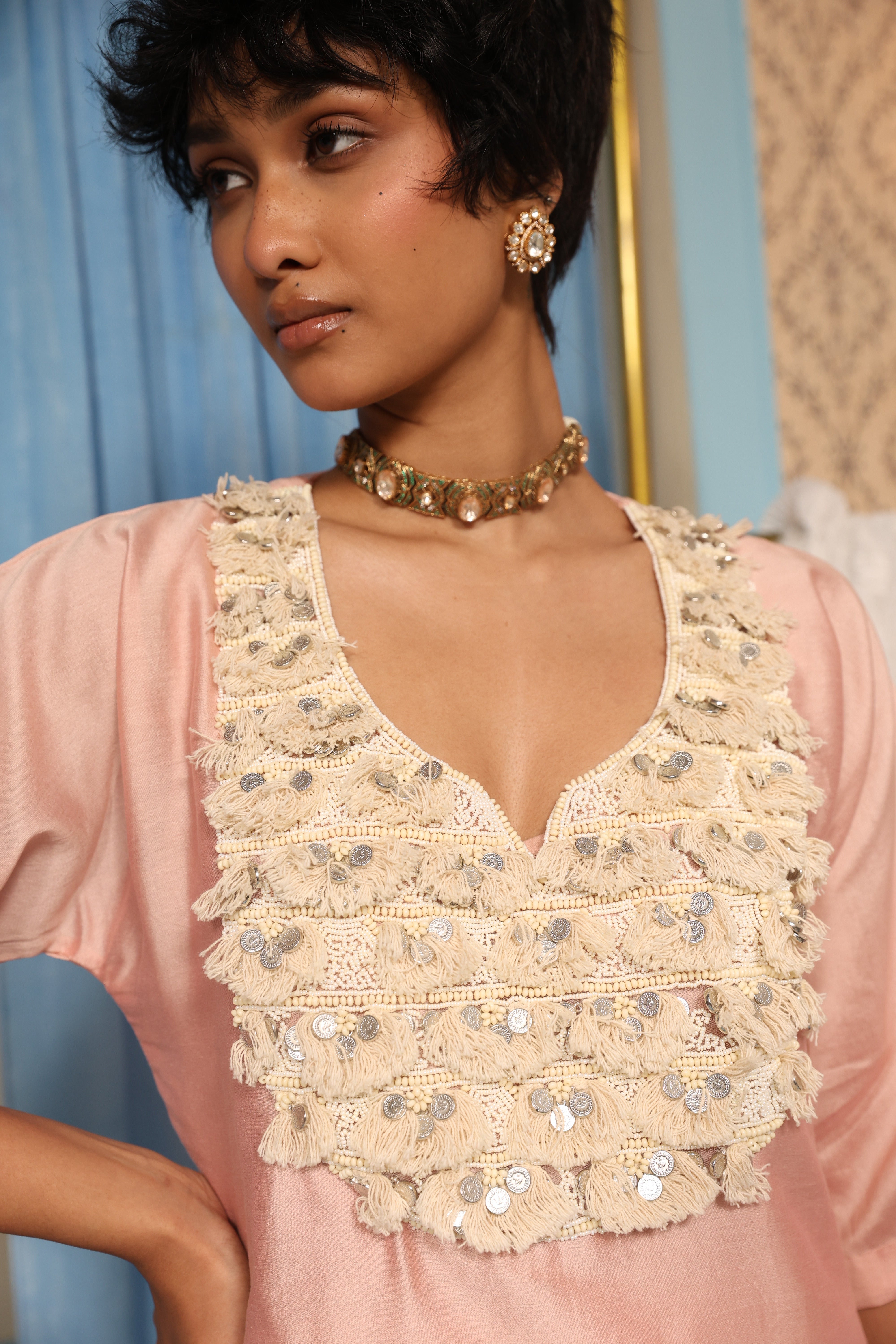 Pink Assymetrical Kurta with Slip and Pant