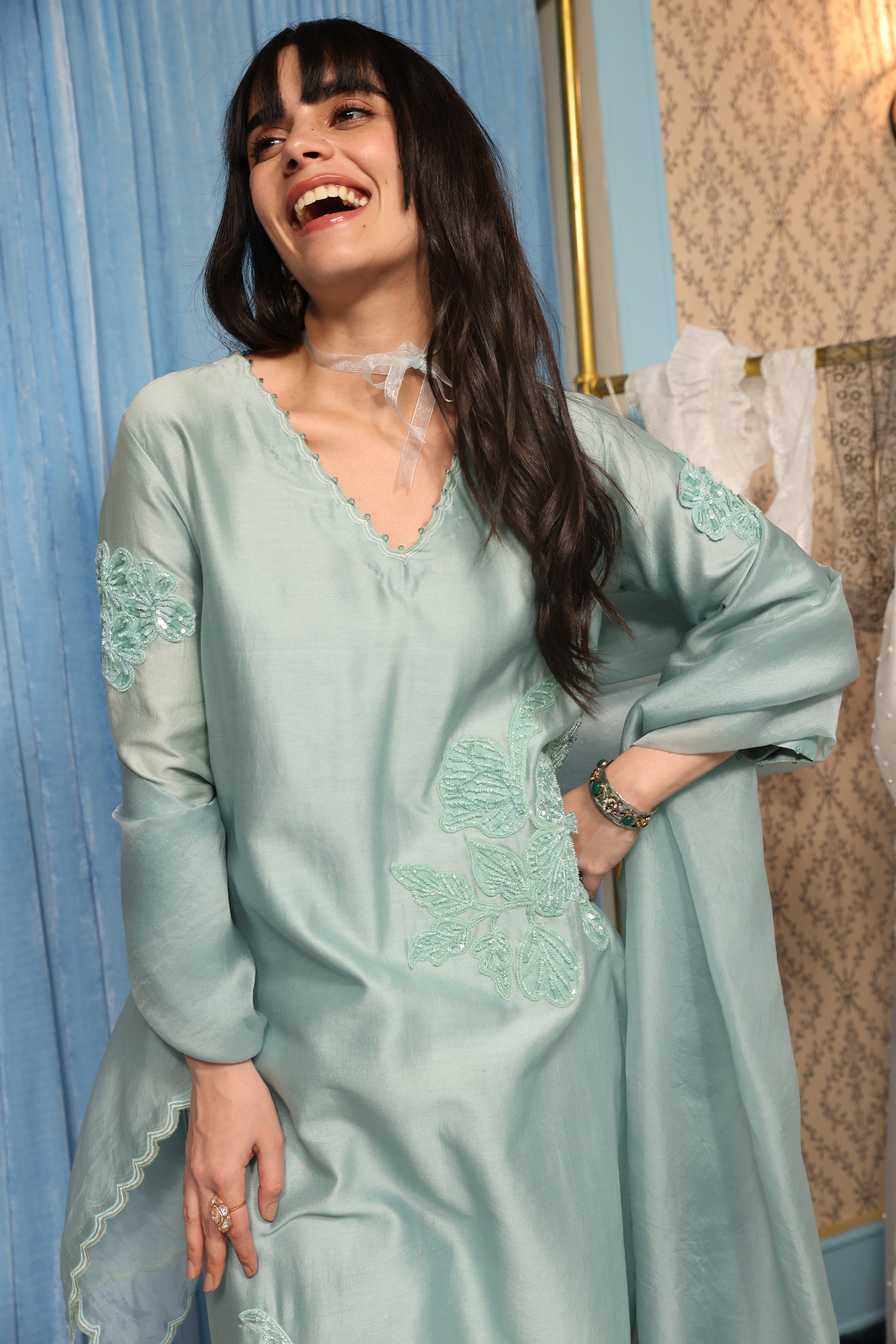 Steel Blue Classic Kurta Set with Organza Dupatta
