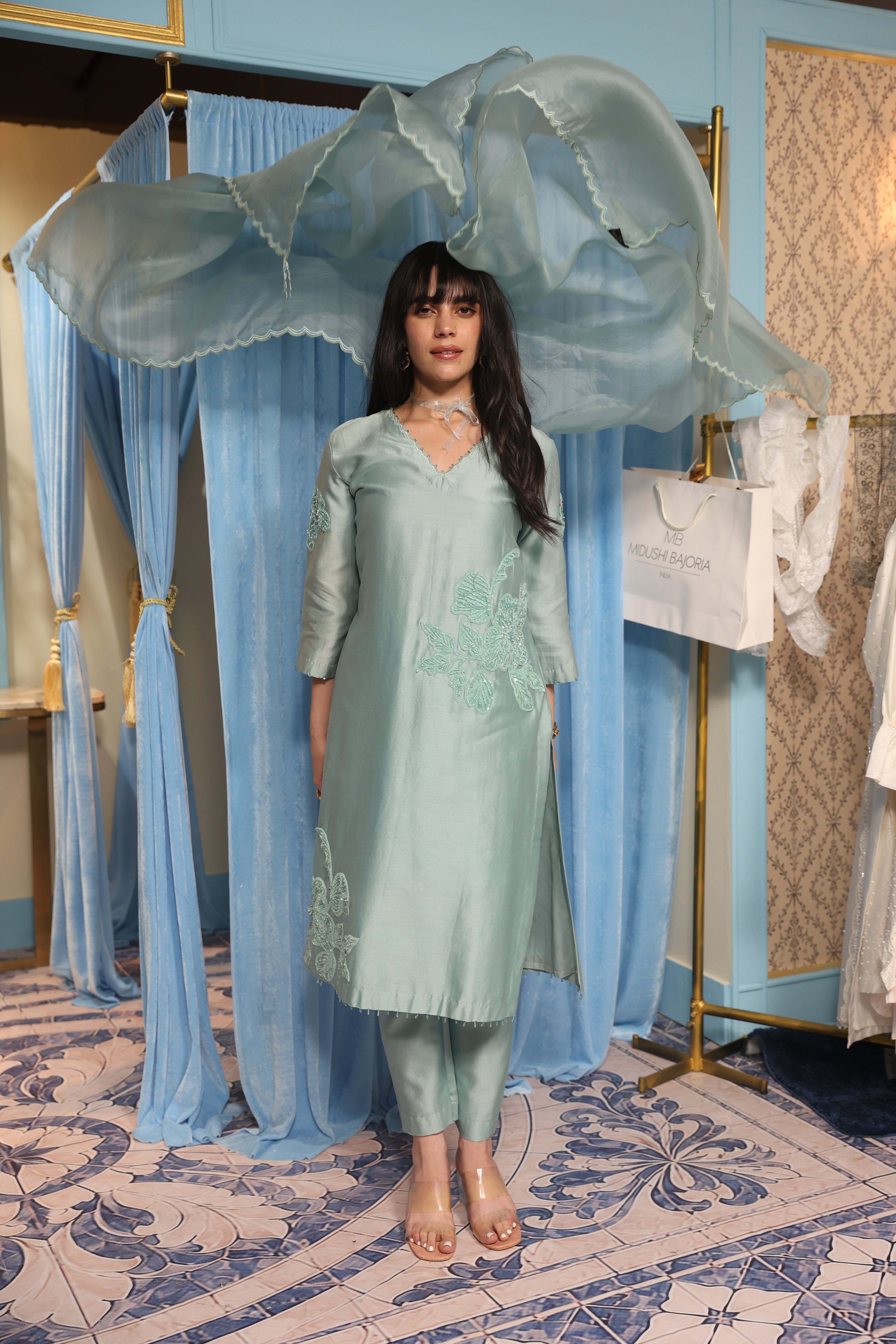 Steel Blue Classic Kurta Set with Organza Dupatta