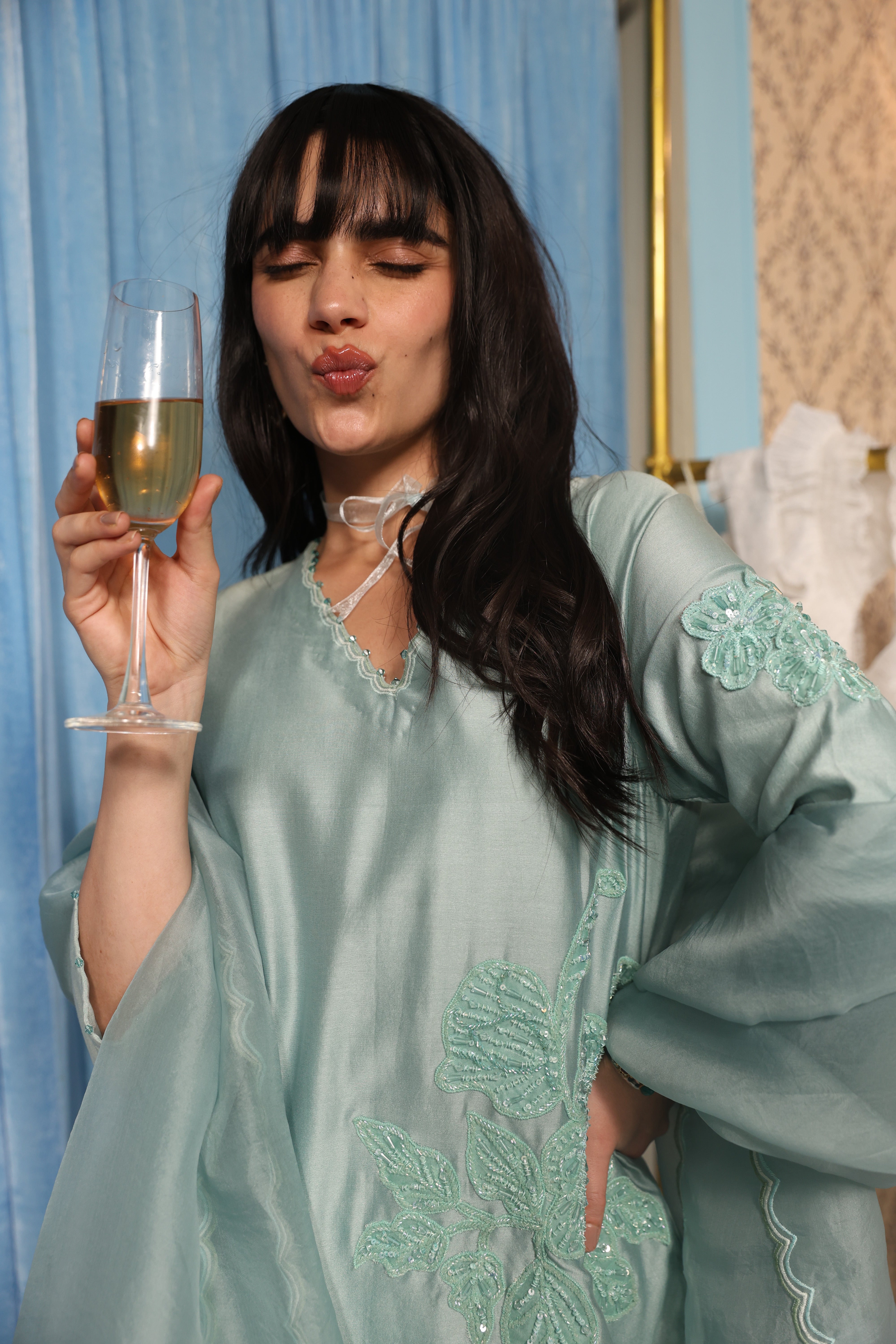 Steel Blue Classic Kurta Set with Organza Dupatta