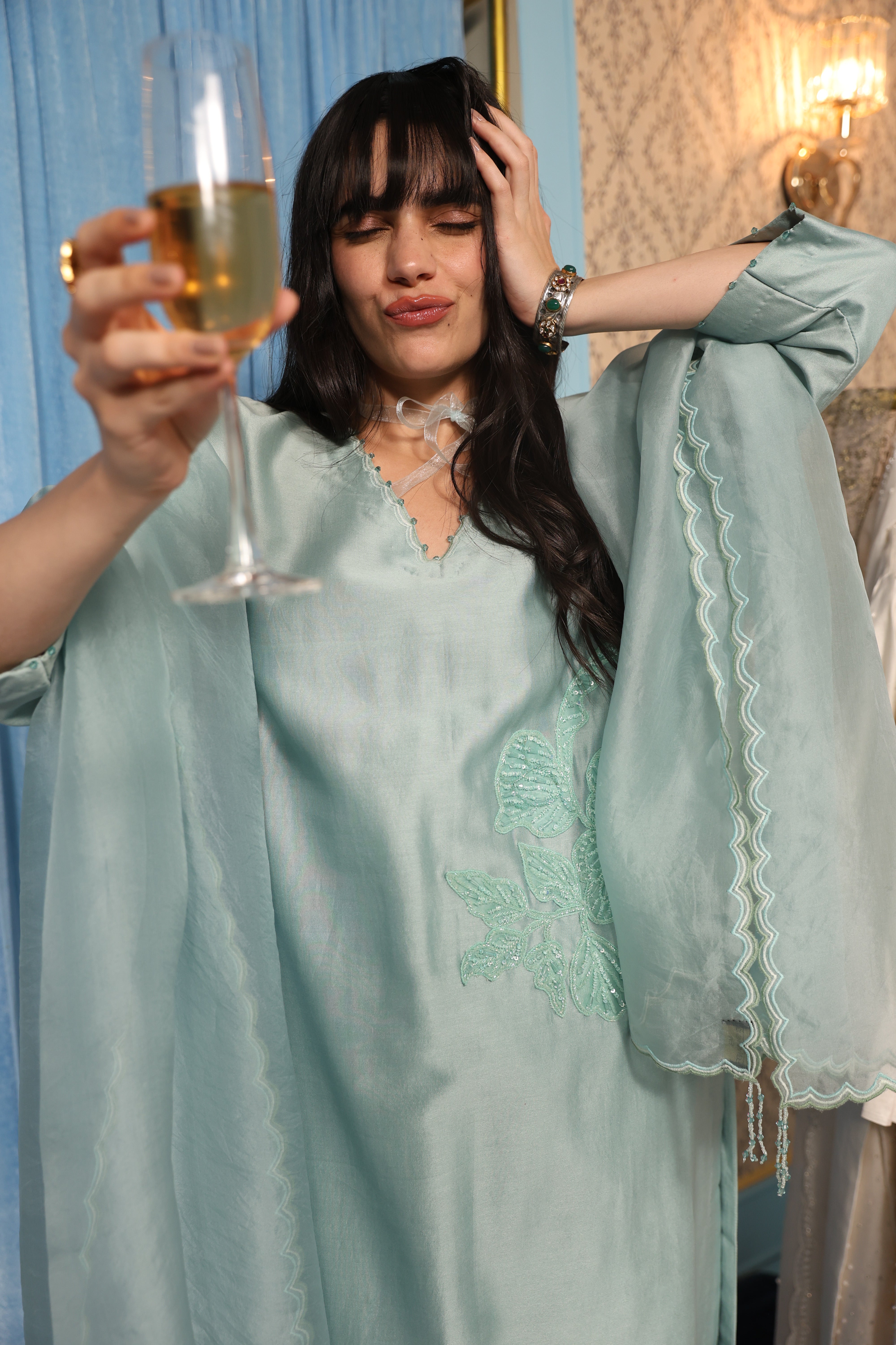 Steel Blue Classic Kurta Set with Organza Dupatta