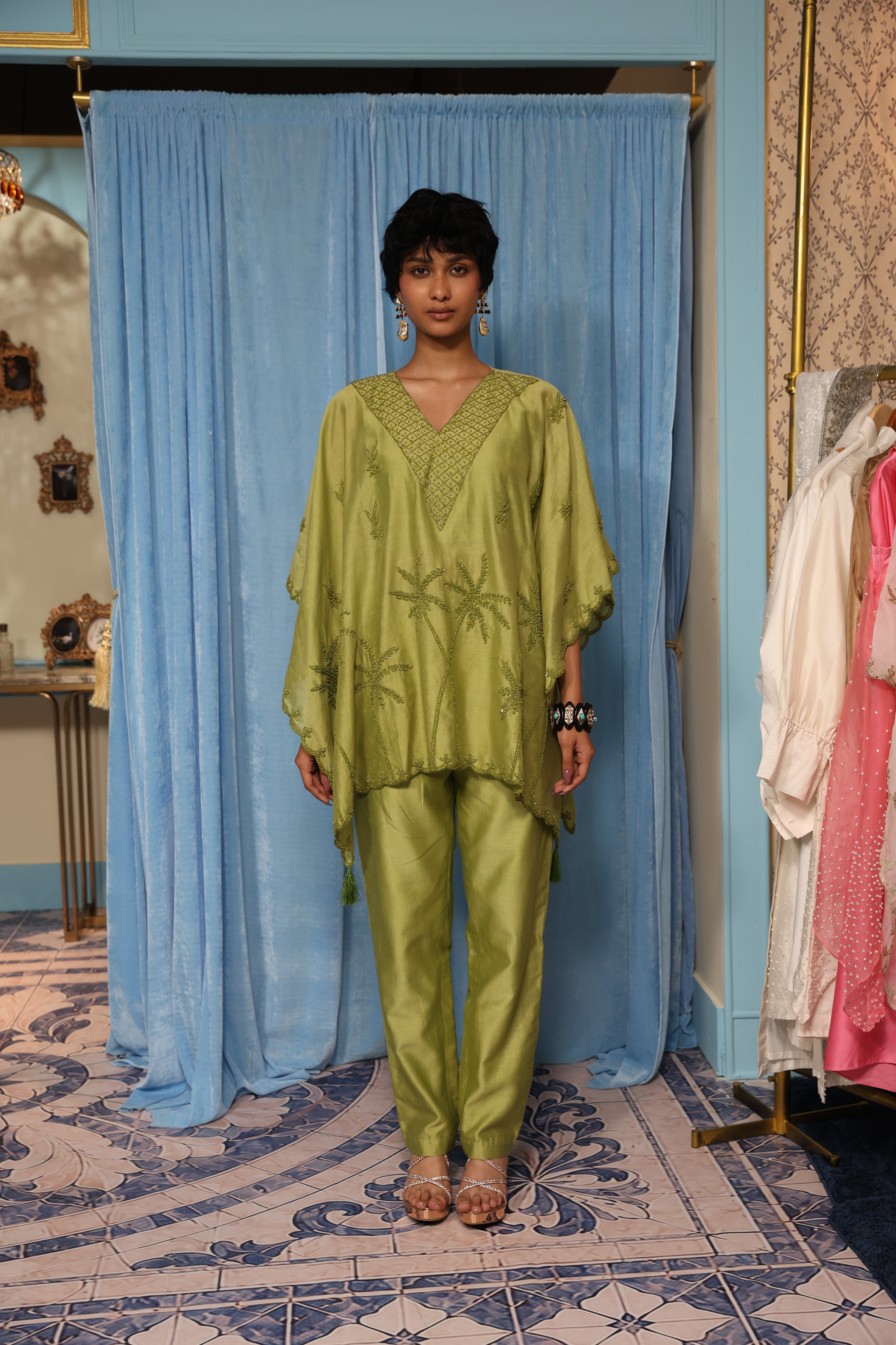 Green Short Kaftan Set with Bustier Pant