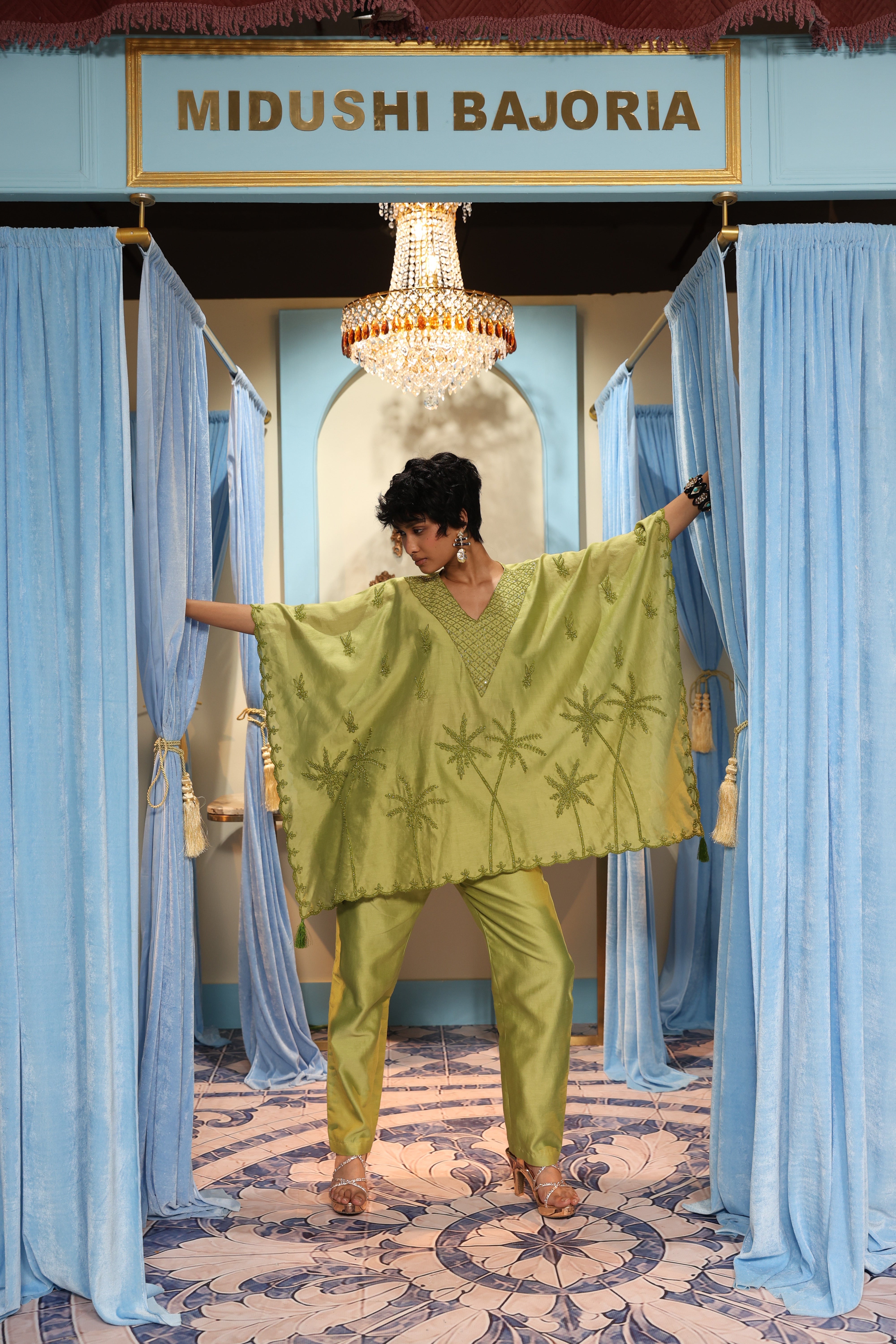 Green Short Kaftan Set with Bustier Pant