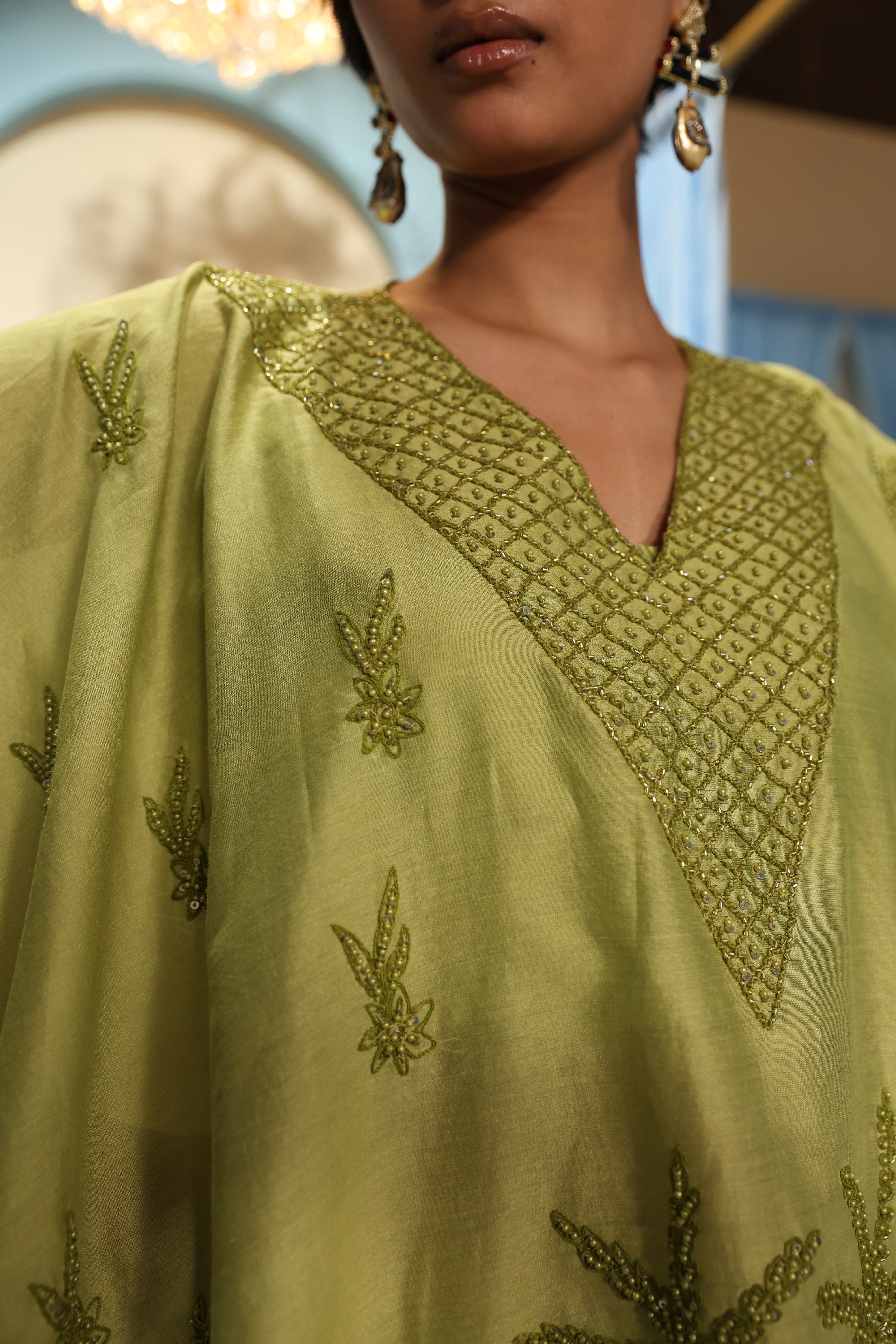 Green Short Kaftan Set with Bustier Pant