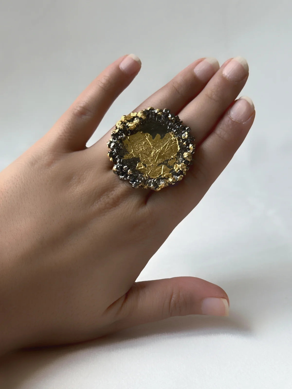 Two Tone bubbly crater ring Black and Gold