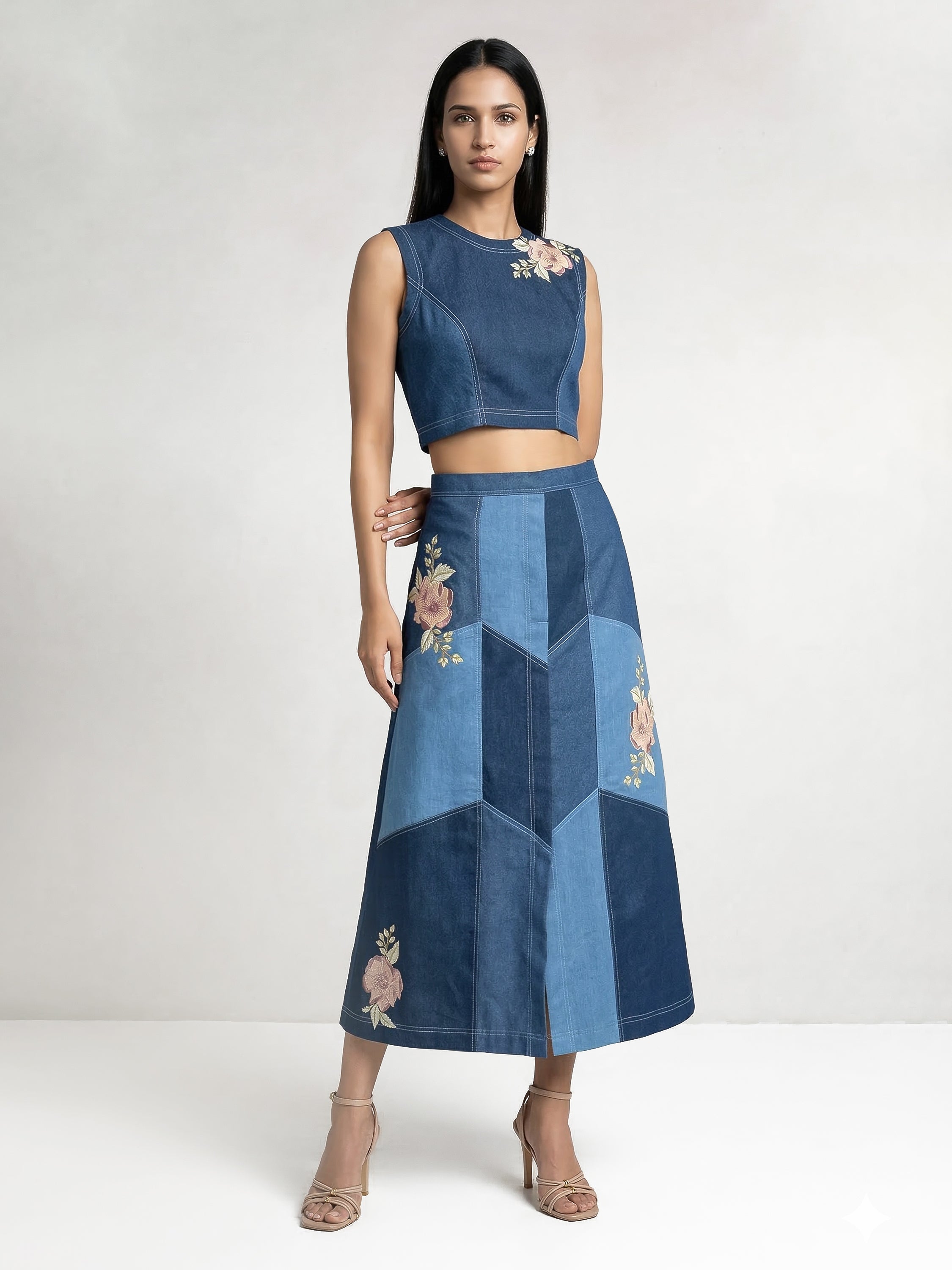 Color Block Blue Denim Applique Co-Ord Set