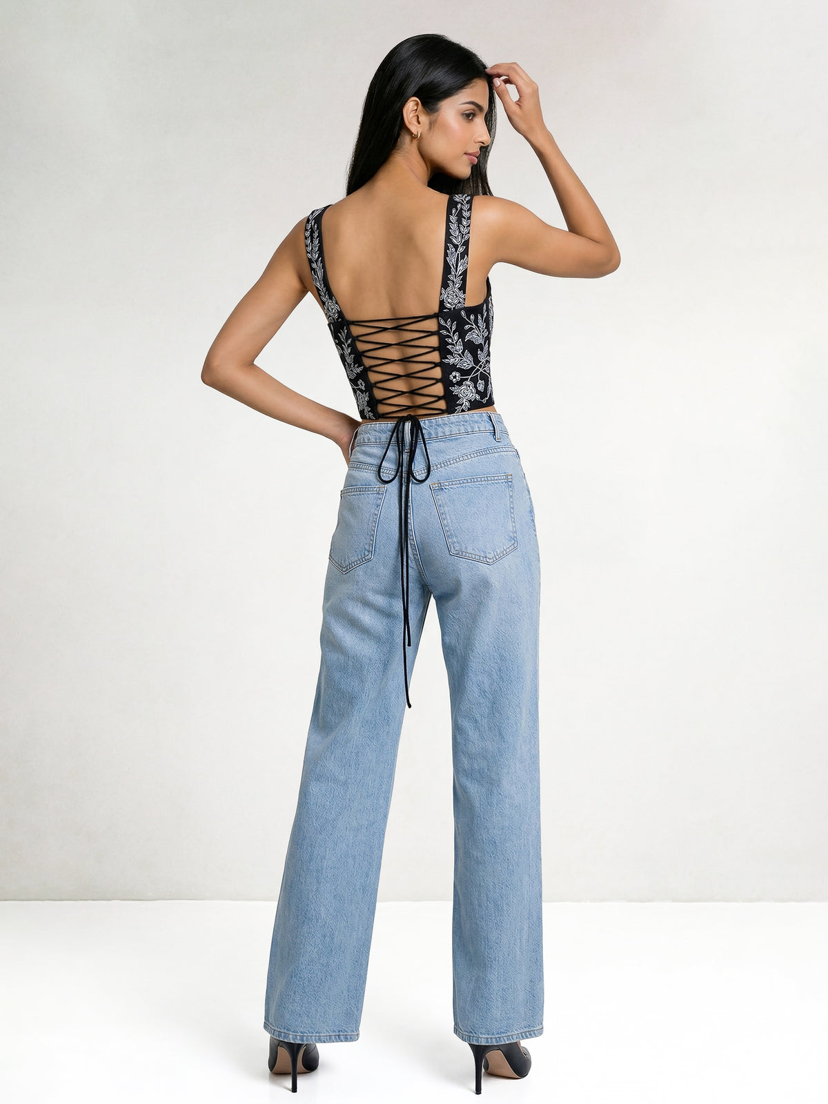 The Black Denim Embroidered Corset