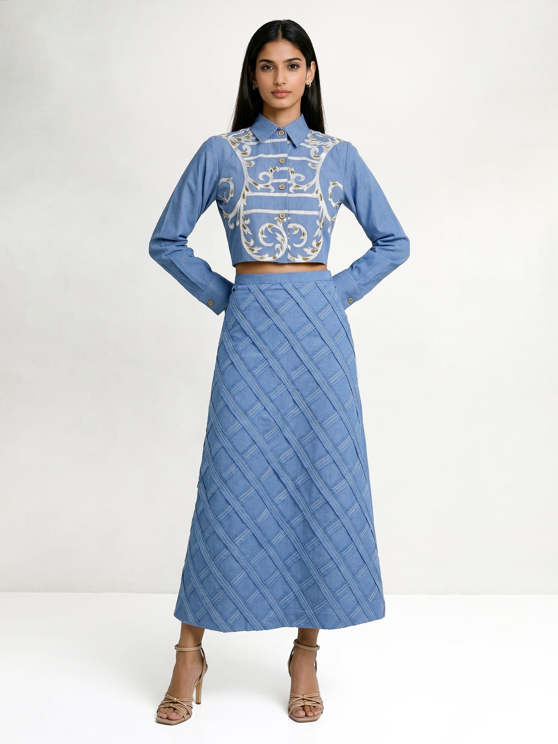 Light Blue Short Shirt With Ivory And Beige Embroidery And Skirt