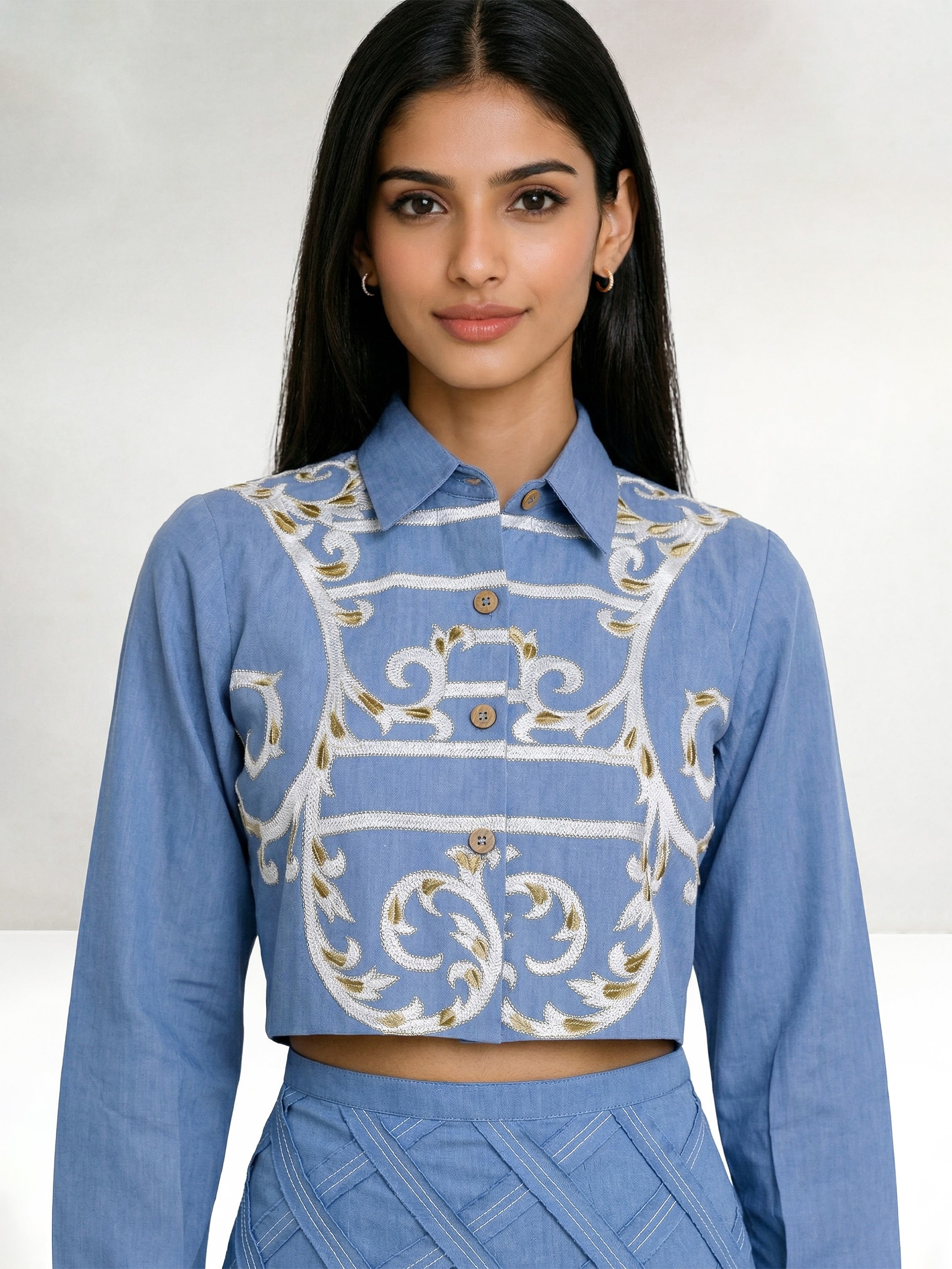 Light Blue Short Shirt With Ivory And Beige Embroidery And Skirt