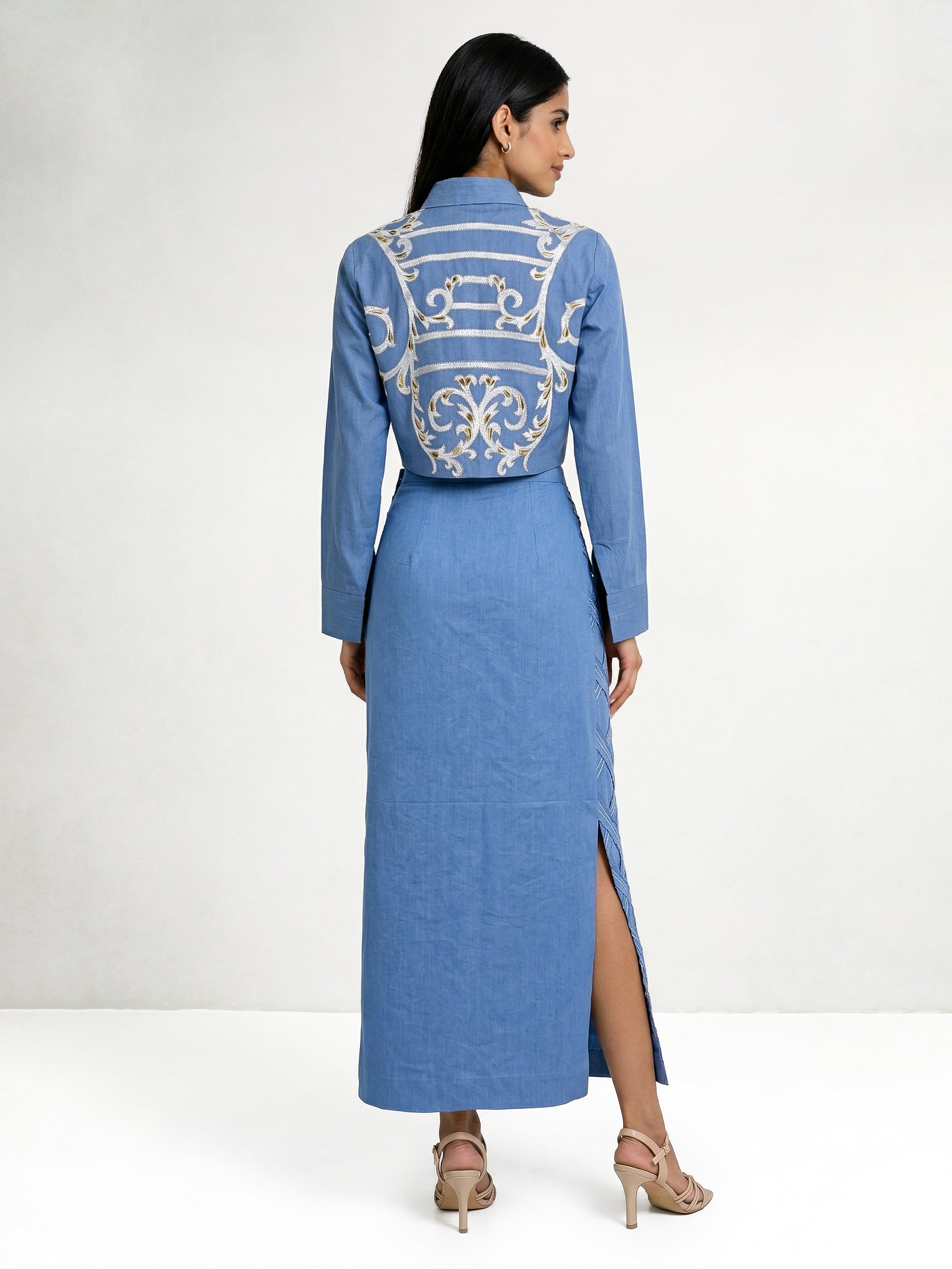 Light Blue Short Shirt With Ivory And Beige Embroidery And Skirt