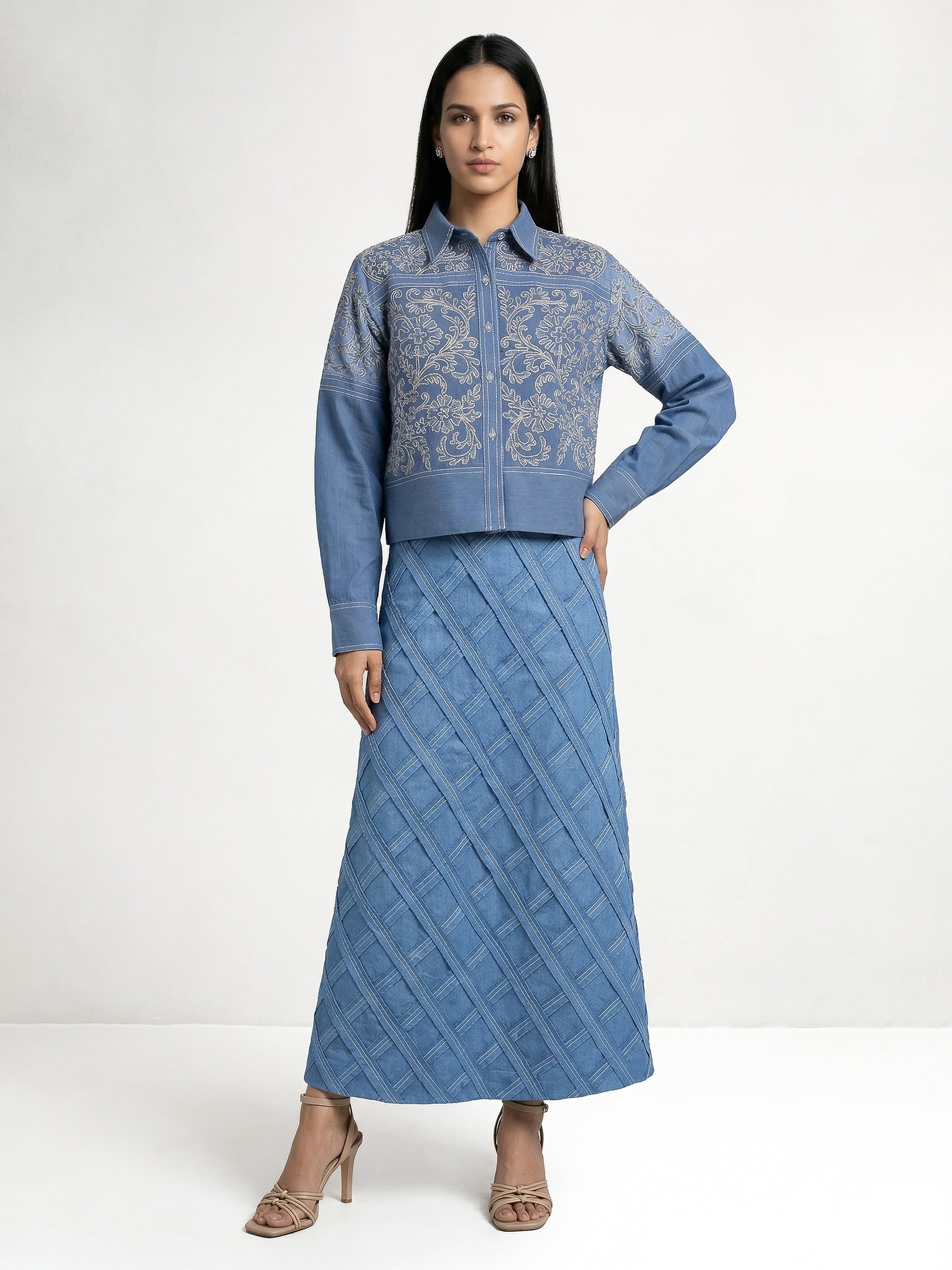 Light Blue Short Shirt With Embroidery And Skirt