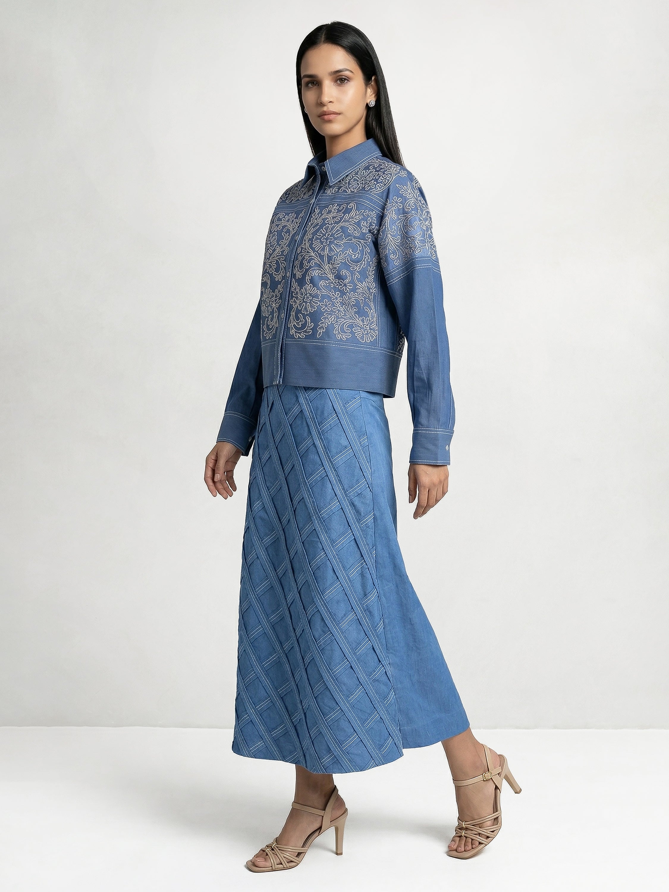 Light Blue Short Shirt With Embroidery And Skirt